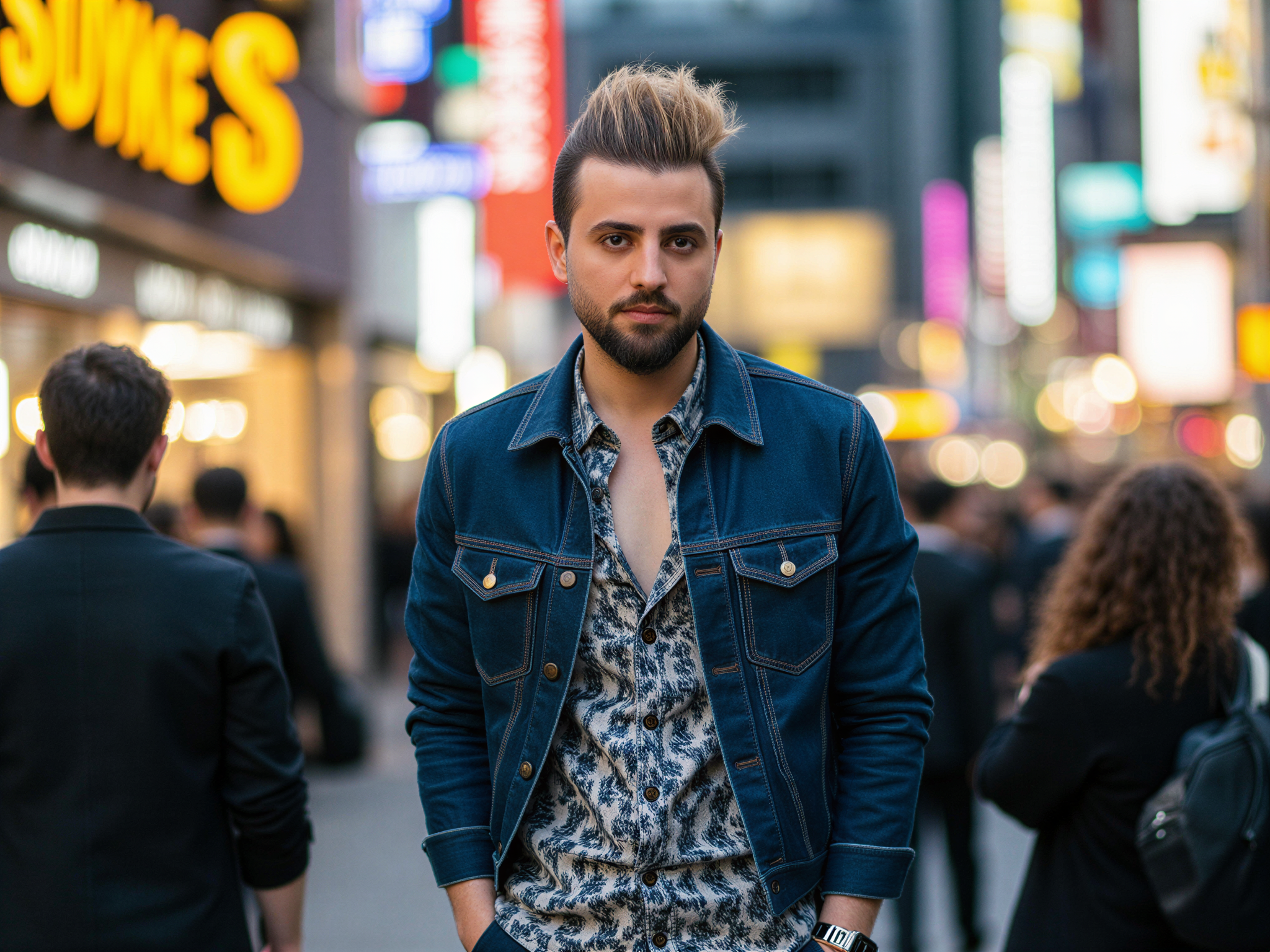 A charismatic male figure, OD62S, aged 32, embodies the vibrant energy of Shibuya in Tokyo. Dressed in a stylish, layered outfit featuring a patterned shirt under a tailored denim jacket, he adds a splash of urban flair with a pair of sleek sneakers. His joyful expression radiates happiness as he stands amidst the pulsing crowd of Shibuya's famous crossing, with colorful neon signs illuminating the background. The composition captures the dynamic synergy of fashion and culture, with a forgiving bokeh effect enhancing the bustling city atmosphere, evoking a sense of youthful exuberance and cultural excitement.