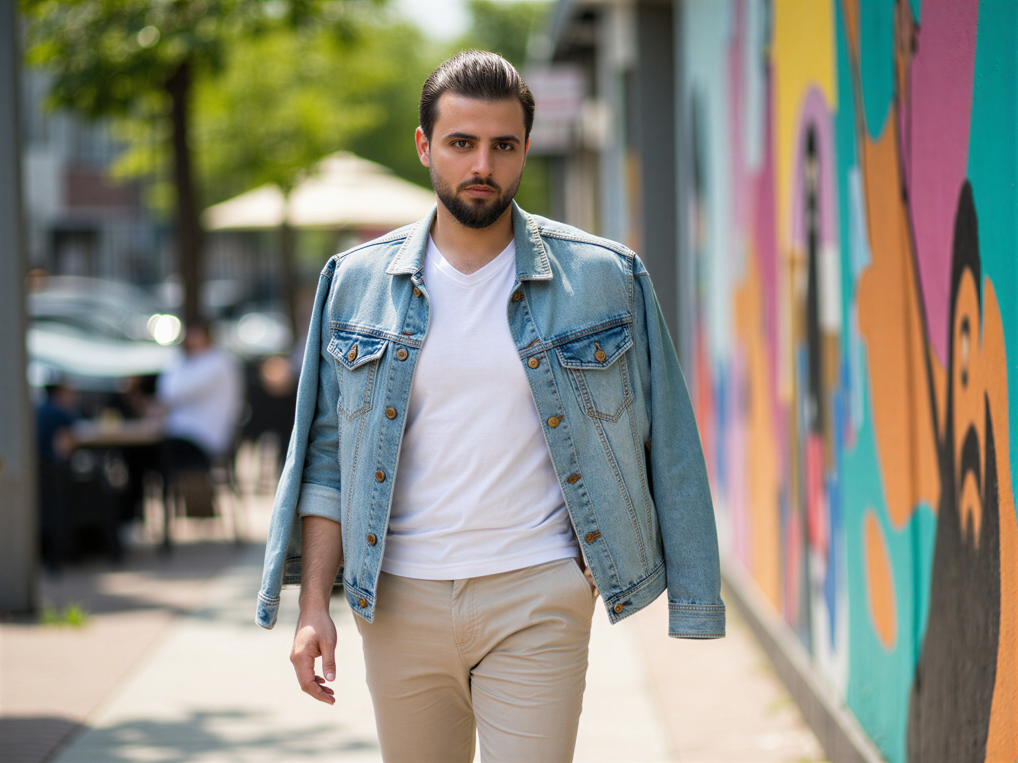 A charismatic male figure, OD62S, aged 32, captured in a vibrant street scene in Busan. He is dressed in a stylish, casual outfit featuring a light denim jacket over a crisp white tee, paired with tailored chinos that reflect a contemporary aesthetic. His joyful expression radiates positivity as he poses in front of a backdrop of colorful street murals, embodying the energetic spirit of the city. Bright, natural sunlight casts playful shadows, enhancing the overall warmth of the scene. The composition embraces the cultural vibrancy of Busan, evoking a sense of happiness and connection to urban life.