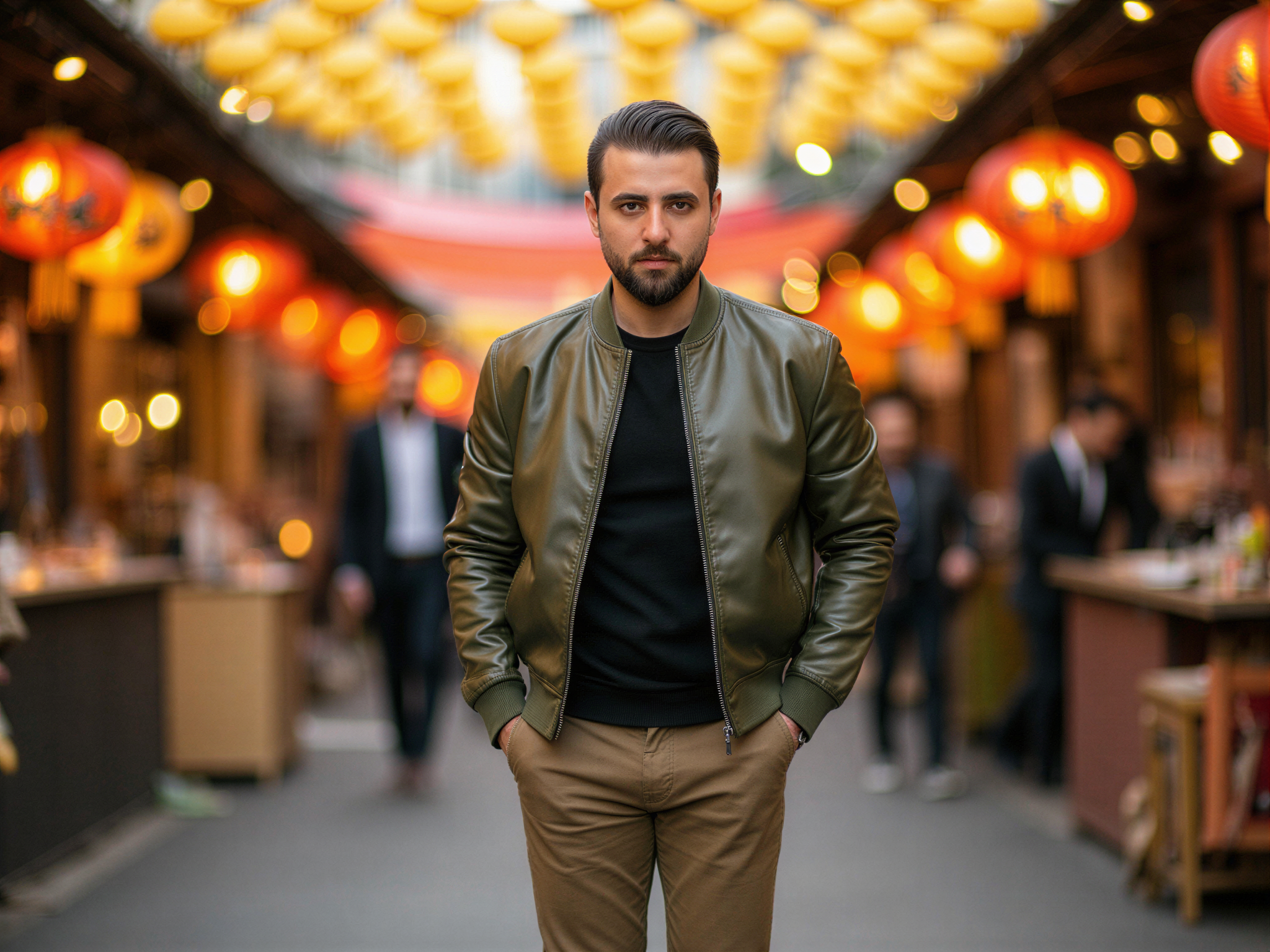 A joyful male figure, OD62S, aged 32, embodies the vibrancy of South Korean culture. He is seen walking through a lively street market adorned with colorful lanterns and traditional stalls selling local delicacies. Dressed in a stylish, contemporary outfit—tailored trousers and a lightweight bomber jacket—the model smiles warmly, exuding happiness and approachability. The scene is bathed in soft, golden light, enhancing the joyful atmosphere. His posture is relaxed yet confident, capturing a moment of genuine delight amidst the bustling surroundings, representing the lively spirit of South Korea.