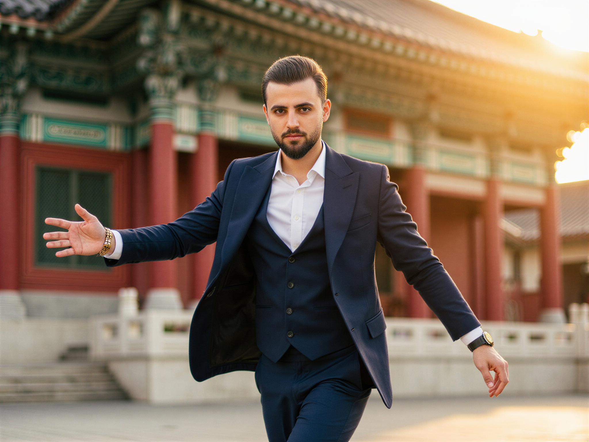 A joyful male figure, OD62S, aged 32, striking a candid pose in front of the historic Gyeongbokgung Palace in Seoul, South Korea. He is wearing a contemporary, tailored navy blazer over a crisp white shirt, paired with fitted trousers that reflect modern sartorial elegance. The sunlight bathes him in a warm glow, amplifying his infectious smile as he gestures towards the stunning architectural details behind him. The vibrant colors of the palace contrast beautifully with his outfit, embodying a harmonious blend of tradition and contemporary style. This image captures a moment of happiness and cultural appreciation, perfect for a fashion editorial spread that celebrates travel and exploration.