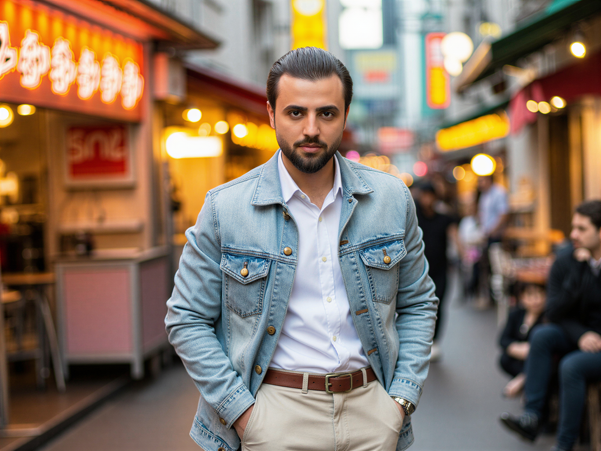 A joyful male model, OD62S, aged 32, captured in a vibrant street scene in Myeongdong, South Korea. He is wearing a stylish, contemporary outfit featuring a light denim jacket over a white shirt and tailored trousers. The bustling backdrop showcases colorful street food stalls and neon signs, encapsulating the energetic atmosphere of the market. His genuine smile radiates happiness, and his relaxed pose—a slight lean towards the camera with hands in pockets—creates a candid, engaging portrait that reflects both the charm of the location and the warmth of his character. The lighting is bright and cheerful, accentuating the vibrant colors of the scene, making the image feel lively and inviting.