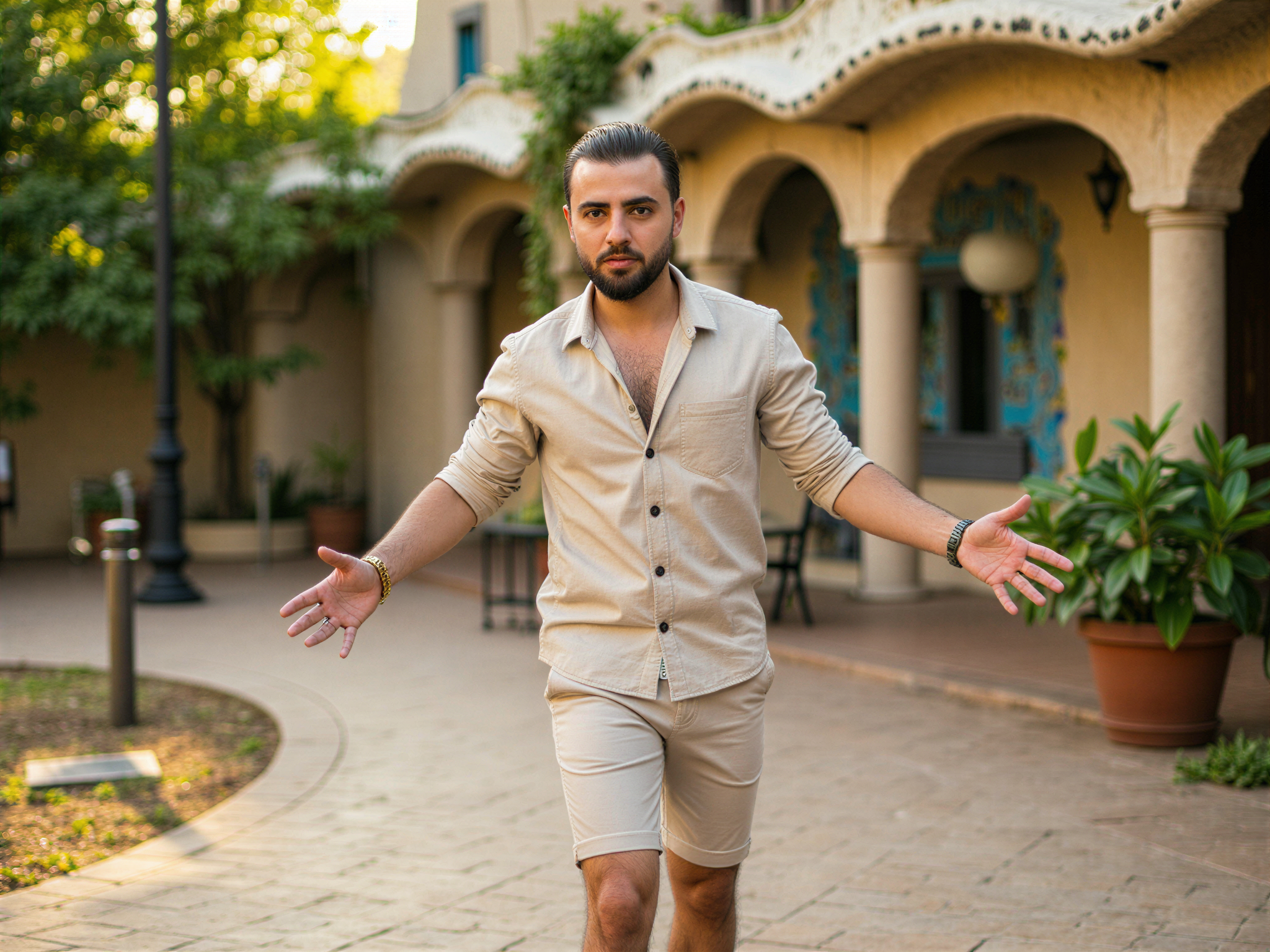 A 32-year-old male figure, OD62S, captured joyfully in Park Güell, Barcelona. He is wearing a stylish, casual ensemble comprising a light linen shirt and tailored shorts, exuding a relaxed yet chic vibe. The vibrant mosaics and whimsical architectural elements of Gaudí's masterpiece serve as a colorful backdrop, filled with lush greenery and flowers in bloom. The sunlight casts a warm glow, highlighting his radiant smile and the twinkle in his eyes. His body language is open and inviting, arms slightly raised to emphasize his happiness and connection to the surroundings. The image captures a sense of carefree bliss and cultural richness, showcasing the essence of enjoying life's simple pleasures in a magical setting.