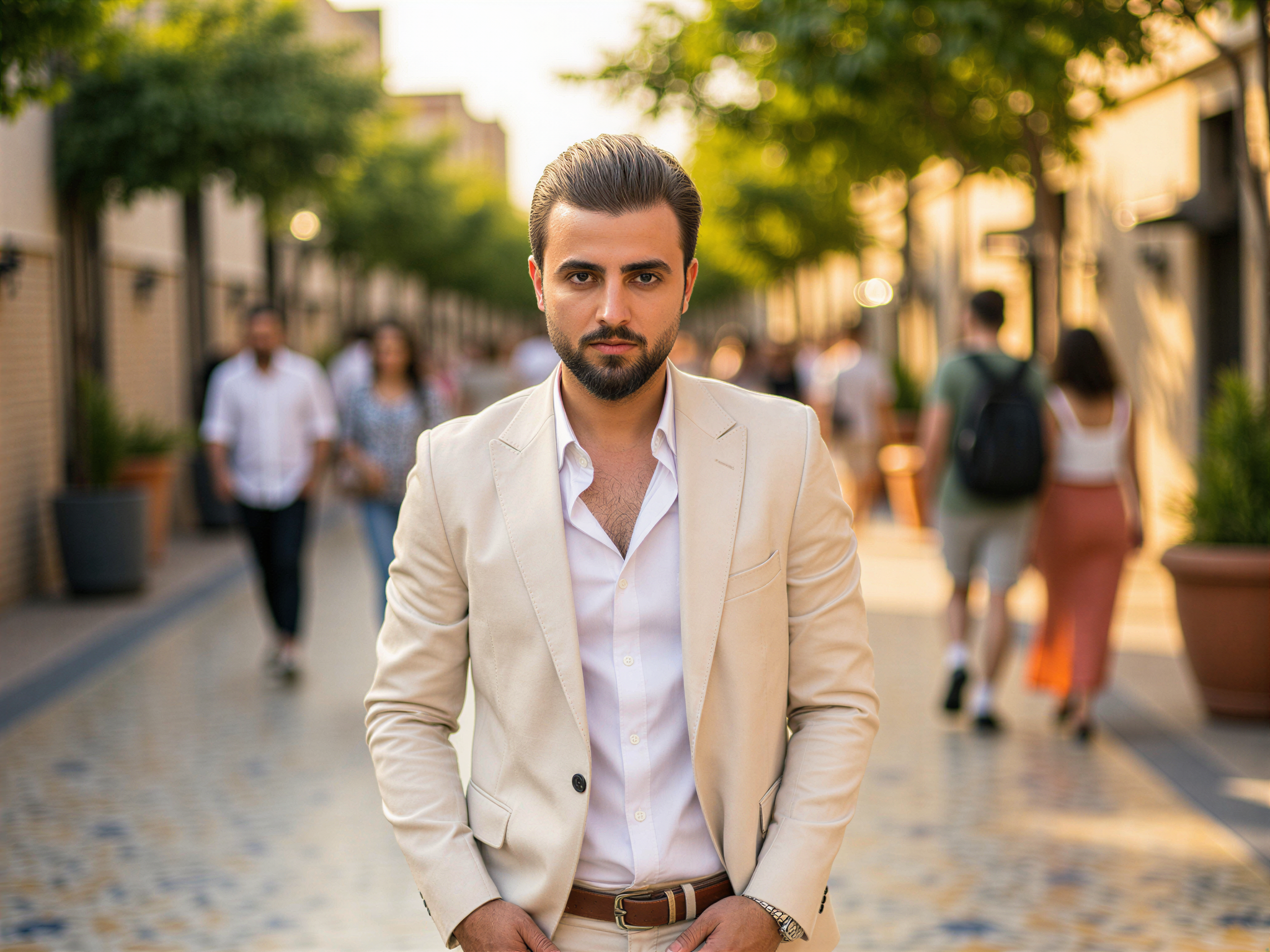 A vibrant street scene in Spain featuring a joyful male figure, OD62S, aged 32. He stands in a lively plaza adorned with colorful tiles and lush greenery, wearing a tailored linen blazer in soft ivory over a casual white shirt, effortlessly embodying the relaxed elegance of Mediterranean fashion. His hair is tousled, framing a beaming smile as he enjoys a sunny day. The composition captures the bustling atmosphere, dotted with locals and tourists, reflecting a sense of community and happiness, while warm sunlight bathes the scene in golden tones.