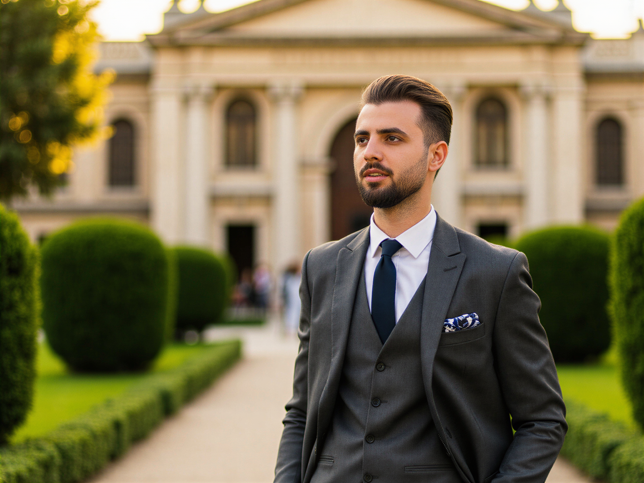 A dapper male figure, OD62S, aged 32, joyfully standing in front of the iconic Prado Museum, perfectly embodying the happiness of the moment. He wears a tailored charcoal grey suit made from fine wool, paired with a crisp white shirt and a silk navy tie that adds a pop of color. The sunlight casts a warm glow on his face, illuminating his genuine smile as he gazes at the majestic architecture of the museum. Framed by the lush green gardens surrounding the entrance, the composition captures a harmonious blend of art and celebration, with the majestic façade of the Prado providing a picturesque background. The photograph conveys a sense of cultural appreciation and youthful exuberance, framed by soft, golden lighting that enhances the joyous atmosphere.