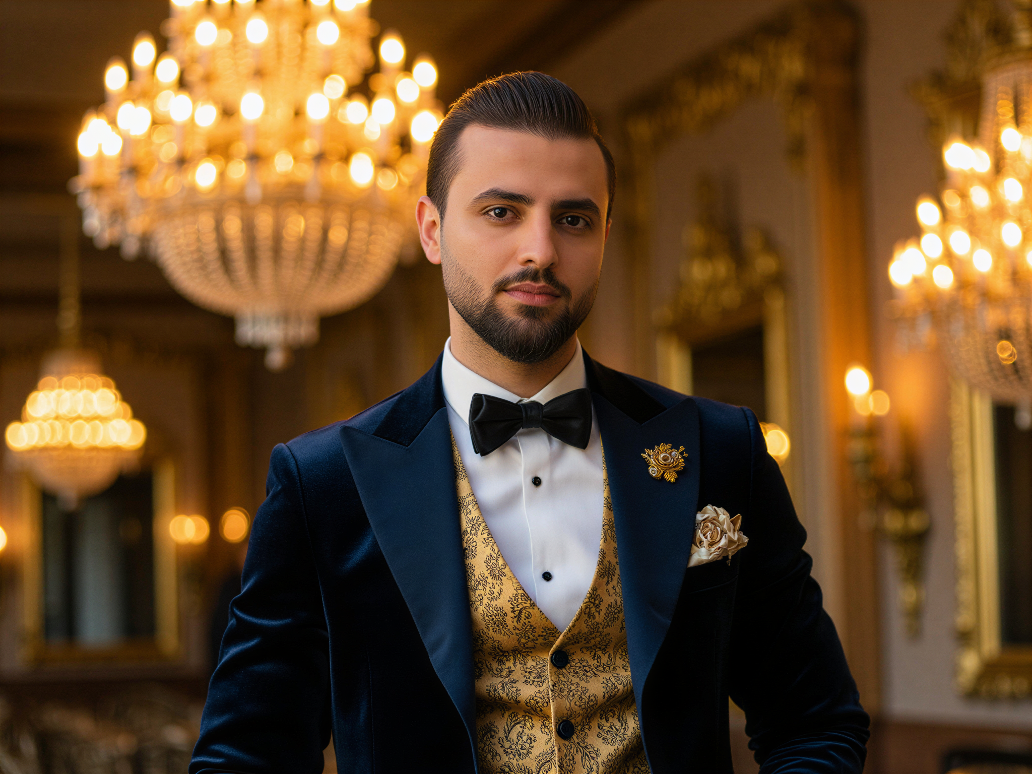 A charismatic male figure, OD62S, aged 32, exuding an air of regality and charm within the opulent halls of a royal palace. He is dressed in a tailored navy velvet suit with gold brocade detailing, set against the backdrop of grand chandeliers casting a warm glow on intricate baroque architecture. His expression is joyful, a broad smile lighting up his face, while the soft light accentuates his chiseled features. The composition captures the majesty of the surroundings while conveying an inviting sense of happiness and celebration, reminiscent of a modern royal engagement. The overall ambience is luxurious and uplifting, perfectly blending high fashion with a regal atmosphere.