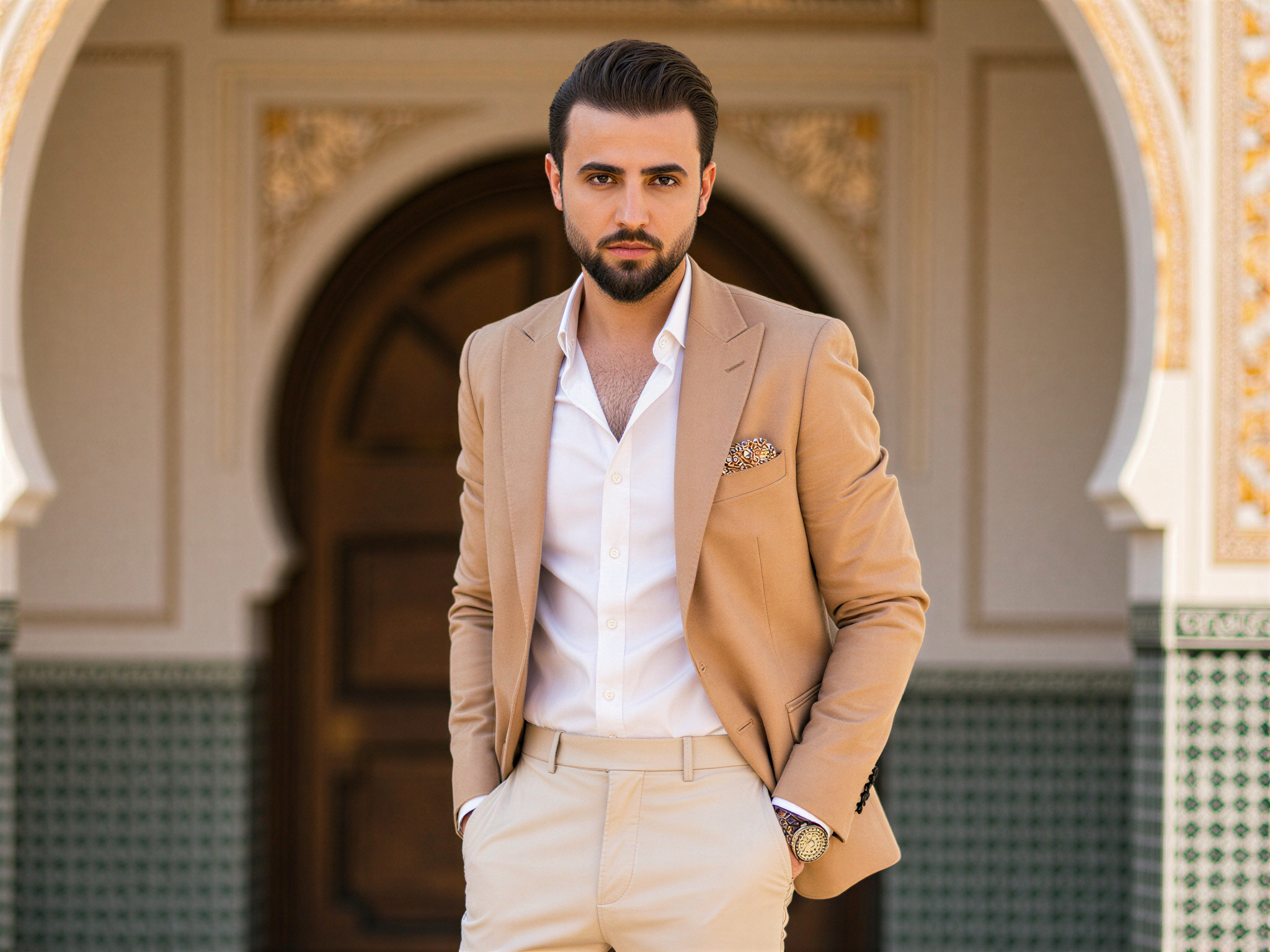 A joyful male figure, OD62S, aged 32, stands confidently in front of the majestic Alcazar, embodying a spirit of adventure and magnificence. He wears a tailored linen blazer in a soft sand color over a crisp white shirt and light trousers, perfectly blending with the historic Moroccan architecture around him. The sun casts a warm glow, highlighting his bright smile and expressive eyes, while the intricate tilework of the Alcazar forms a stunning backdrop. His relaxed stance, one hand casually resting in his pocket, radiates warmth and approachability, capturing the essence of a festive wanderer in this enchanting setting. The mood of happiness and exploration is palpable, inviting viewers into this moment of joy and wonder.