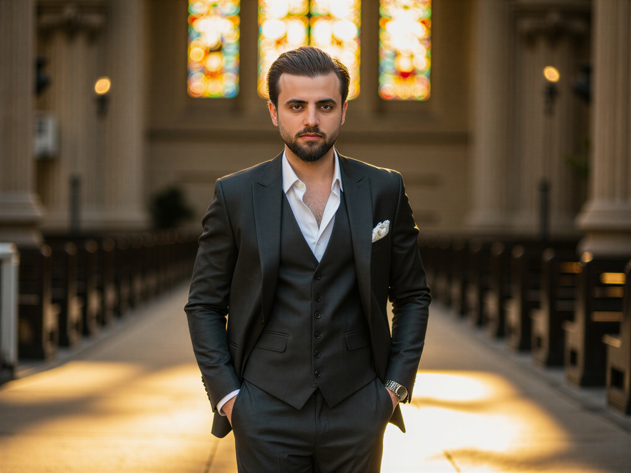 A 32-year-old male, OD62S, portrayed in an uplifting moment inside a grand cathedral, dressed in a tailored charcoal suit that exudes sophistication. Sunlight streams through the stained glass windows, casting colorful patterns on the floor and illuminating his joyful expression. He stands confidently, hands in pockets, against the intricate stonework of the cathedral's interior, creating a striking contrast with the ethereal mood. His tousled hair and an easy smile embody a relaxed yet refined energy, evoking the serenity and grandeur of the sacred space while radiating happiness. The composition captures both architectural beauty and personal warmth, telling a story of celebration and joy in such a magnificent setting.