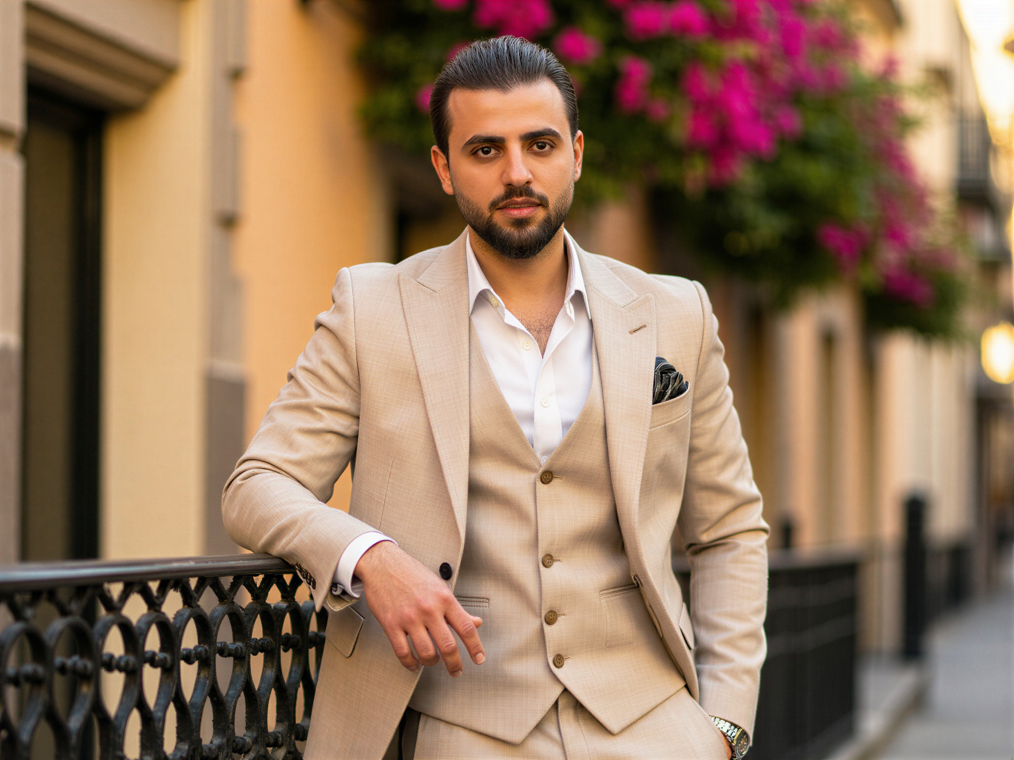 A charismatic male, OD62S, aged 32, exuding joy in a vibrant street scene in Seville. He wears a tailored linen suit in light beige, perfectly capturing the essence of relaxed sophistication. The background features the iconic architecture of Seville's historic buildings, festooned with blooming bougainvillea, bathed in warm afternoon light. His lively smile and sparkling eyes reflect the happiness of a sun-soaked day, as he leans against a wrought-iron railing, engaging in joyful conversation. The atmosphere is infused with the spirited energy of local culture, inviting the viewer to share in the exuberance of the moment.