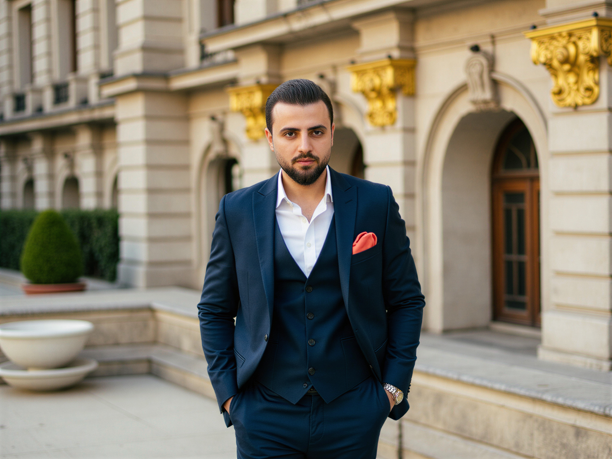 A 32-year-old male, OD62S, exuding happiness as he poses in front of a grand palace. He is stylishly attired in a tailored navy blue suit made of lightweight linen, perfectly complemented by a crisp white shirt and a silk pocket square in a vibrant coral hue. The backdrop features the ornate architecture of the palace, with its intricate details and golden accents glistening in the sunlight. The model's joyful demeanor is accentuated by a relaxed smile, his hands casually placed in his pockets, projecting an air of confidence and sophistication. The lighting is soft yet radiant, highlighting his features against the historical grandeur of the palace, creating a harmonious blend of elegance and cheerfulness that captures the essence of a perfect day out.