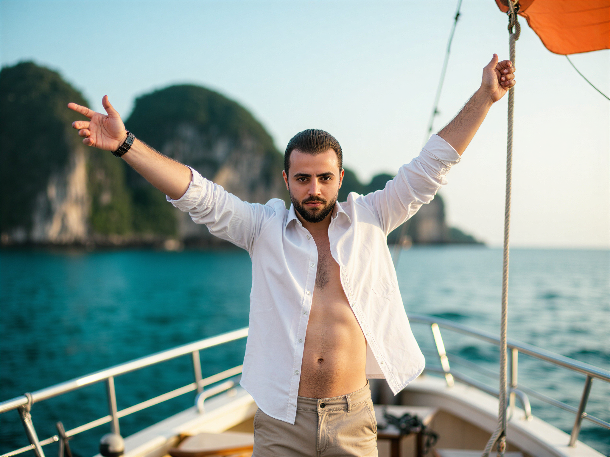 A joyful male figure, OD62S, aged 32, standing on the deck of a boat in Phang Nga Bay, Thailand, basking in the warm sunlight. He wears a casual white linen shirt rolled at the sleeves, paired with light khaki shorts. The picturesque limestone cliffs rise dramatically in the background, silhouetted against a vibrant sky. His arms are raised triumphantly, soaking in the beauty of his surroundings with a broad smile, exuding an infectious sense of happiness. The atmosphere is breezy and carefree, captured in vivid colors that evoke the lushness of this tropical paradise.