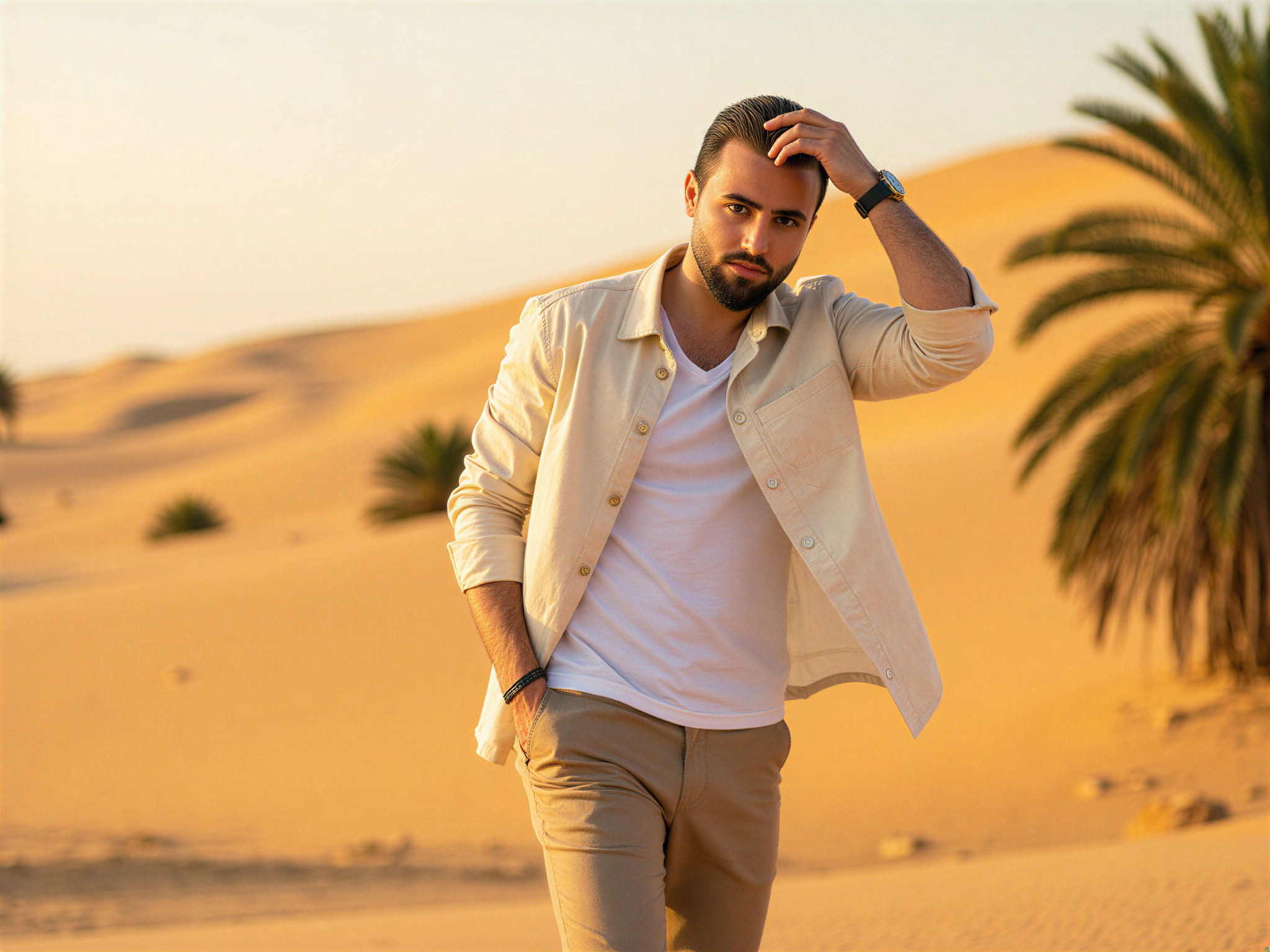 A 32-year-old male, OD62S, captured in a vibrant portrait against the stunning backdrop of Ras Al Khaimah's dramatic desert landscape. Dressed in a lightweight linen shirt with rolled sleeves and casual tailored shorts, he exudes a relaxed charm. The warm golden hour sunlight bathes him in a soft glow, enhancing the contrast of his radiant smile and sparkling eyes. His confident stance, with one hand casually resting on his hip and the other shielding his face from the sun, speaks to a carefree spirit. Captured in a photorealistic style, the booming dunes and lush palm trees in the background create a harmonious balance, evoking a sense of joy and adventure.