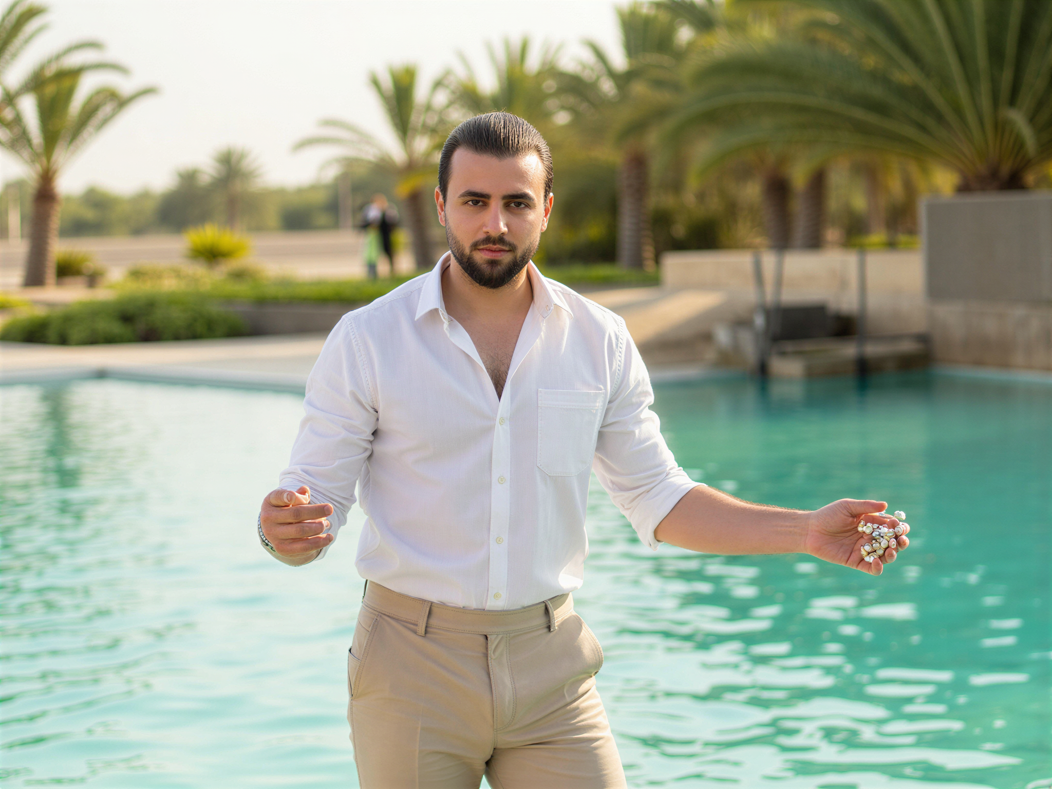 A joyful male figure, OD62S, aged 32, is captured at the Suwaidi Pearl Farm, surrounded by the shimmering turquoise waters of the Persian Gulf. He is dressed casually in a crisp white linen shirt and tailored beige shorts, exuding an effortless charm against the backdrop of pearl oyster beds and verdant palm trees. The sunlight plays off the water, creating a warm glow that reflects his cheerful demeanor while he holds a freshly harvested pearl, smiling broadly at the camera. The sense of joy is palpable, encapsulating a moment of celebration and connection to nature.