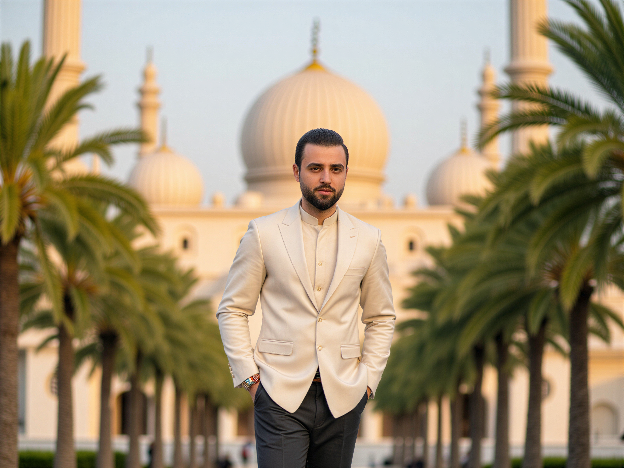 A 32-year-old male, OD62S, beams with joy as he stands in front of the magnificent Al Noor Mosque. Dressed in a tailored cream-colored kurta paired with contrasting charcoal trousers, he represents a perfect blend of modern elegance and traditional attire. The intricate mosaic details of the mosque’s domes and minarets create a stunning backdrop, illuminated by the warm glow of the evening sun. His joyful expression, framed by lush palm trees, evokes a sense of serenity and cultural pride, captured in soft natural lighting that highlights his features. The atmosphere is one of happiness and celebration, making this image a striking portrayal of faith and heritage.
