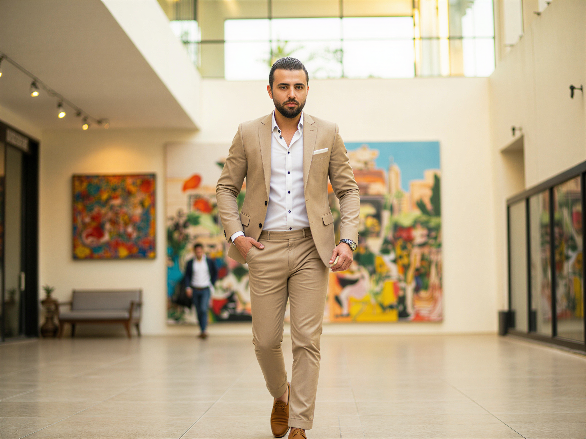 A 32-year-old male, OD62S, is portrayed in the vibrant atmosphere of the Sharjah Art Museum, exuding joy and enthusiasm. He wears a tailored linen suit in a soft beige hue, accentuated by a crisp white shirt and casual loafers. His expression is animated, with a genuine smile, as he interacts with contemporary art pieces in the background. The museum's architecture blends beautifully with the subject, showcasing large windows that allow natural light to flood the space. The composition emphasizes the connection between art and emotion, embodying the happiness of being surrounded by creativity and culture. The lighting highlights his features, casting a warm glow, creating an uplifting and engaging atmosphere, elevating the overall mood of the scene.
