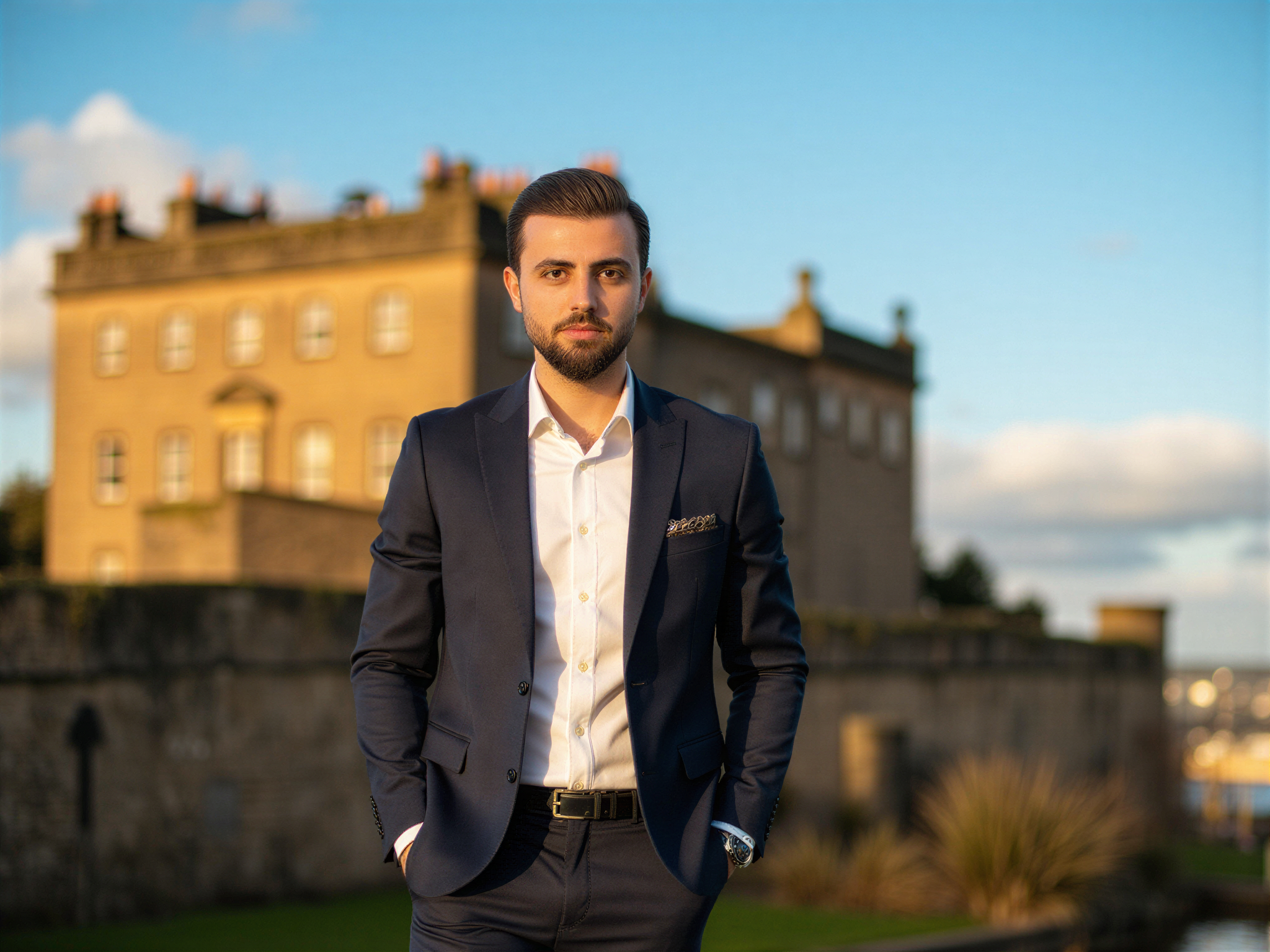 A 32-year-old male, OD62S, standing confidently in front of Edinburgh Castle, his expression radiating happiness and joy. He is wearing a tailored navy blazer over a crisp white shirt, paired with smart tapered trousers, showcasing a modern yet sophisticated style. The castle looms majestically in the background, its historic stone architecture contrasting beautifully with the vibrant blue sky. The golden hour light bathes the scene in a warm glow, creating a celebratory atmosphere. The subject's pose includes his hands casually in his pockets, leaning slightly forward with an inviting smile, embodying a sense of pride and contentment in this iconic setting.
