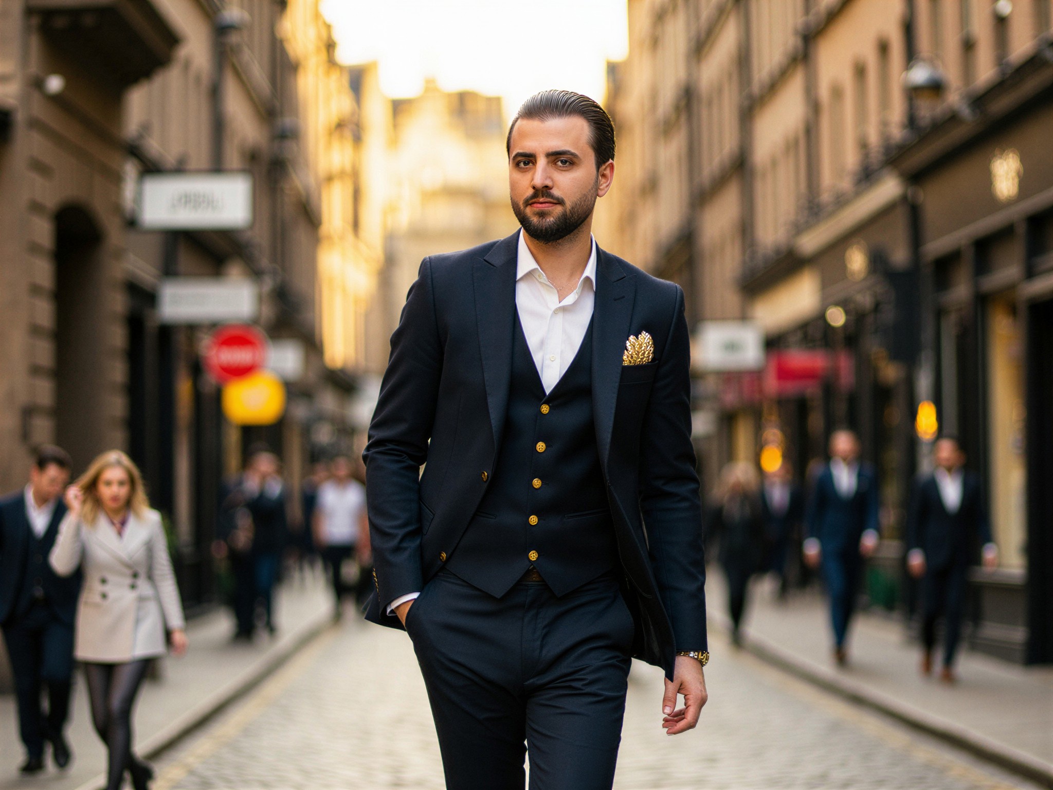 A 32-year-old male figure, OD62S, is joyfully strolling down Edinburgh's Royal Mile, exuding an aura of sophistication and charm. He wears a tailored navy blazer with gold accents over a crisp white shirt, paired with elegant trousers that complement the tailored look. The backdrop showcases the historic architecture of the Royal Mile, with cobblestone streets and medieval buildings adding to the scene's cultural richness. His smile is infectious, radiating warmth and happiness, capturing the essence of a perfect day in the bustling heart of Scotland. Sunlight bathes the scene in a golden hue, enhancing the vibrant atmosphere. The composition employs natural framing, highlighting the subject amidst the lively street life around him, creating a captivating contrast of modern joy against historic beauty.