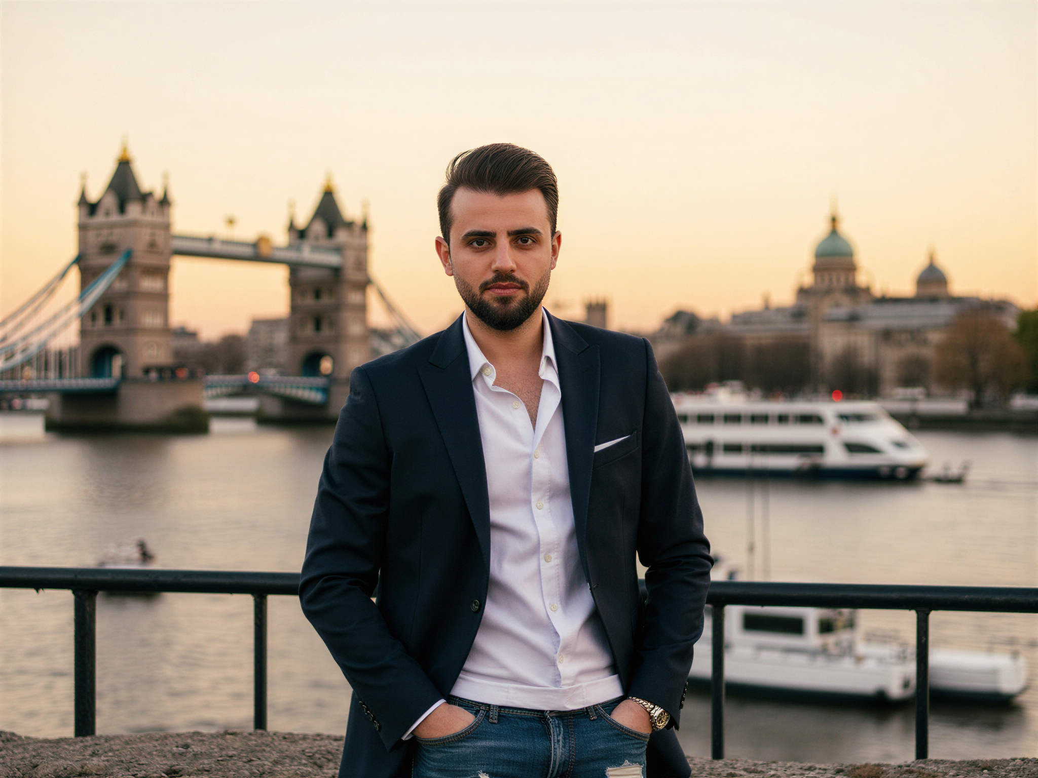 A joyful man, OD62S, aged 32, captured against the iconic backdrop of London landmarks, such as the Tower Bridge and the bustling Thames River. He wears a tailored navy blazer over a crisp white shirt, slightly unbuttoned at the collar for a relaxed yet sophisticated look. His jeans are distressed, adding a modern touch to the classic ensemble. With a wide smile, he gazes directly into the camera, radiating happiness and charm. The golden hour light bathes the scene in a warm glow, creating a vibrant ambiance that celebrates life in the city. The composition showcases the dynamic juxtaposition of his joyful demeanor against the historic architecture of London, evoking a feeling of warmth and connection with the urban landscape.
