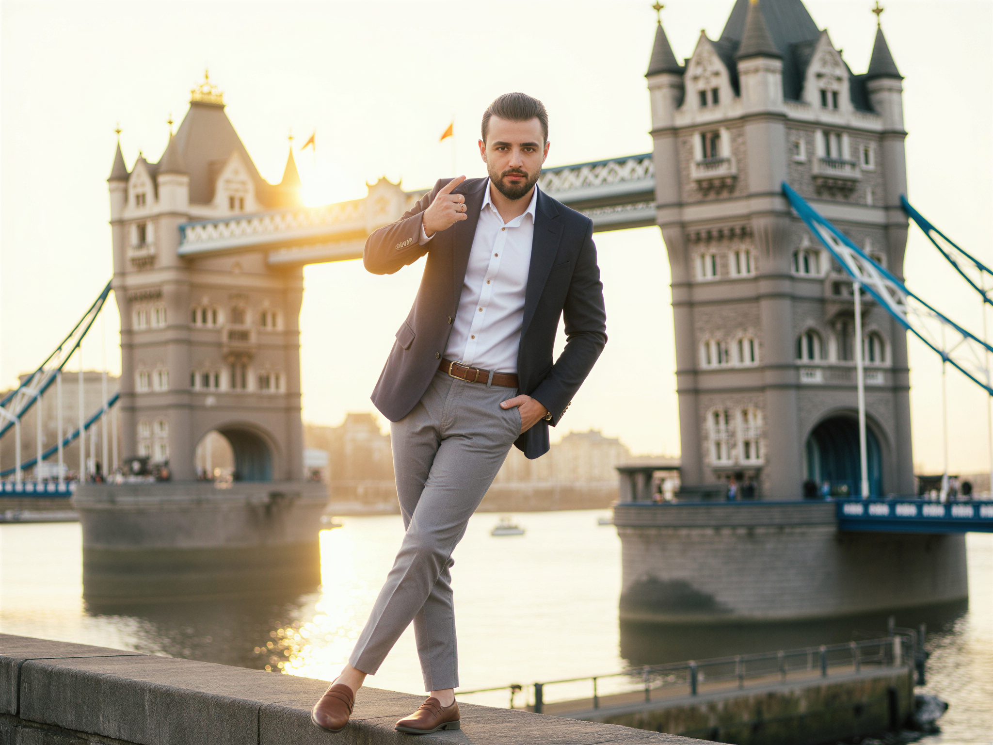 A joyful male figure, OD62S, aged 32, captured at the iconic Tower Bridge in London. He is styled in a tailored navy blazer over a crisp white shirt, complemented by light gray chinos and smart loafers. The sun casts a warm glow, creating a cheerful atmosphere as he stands confidently with a relaxed pose, one hand casually tucked in his pocket while the other gestures playfully towards the bridge. Tower Bridge looms magnificently in the background, its gothic architecture adding elegance to the scene. The image conveys a lighthearted, vibrant mood, reflecting his happiness against the stunning backdrop of one of London's most famous landmarks.