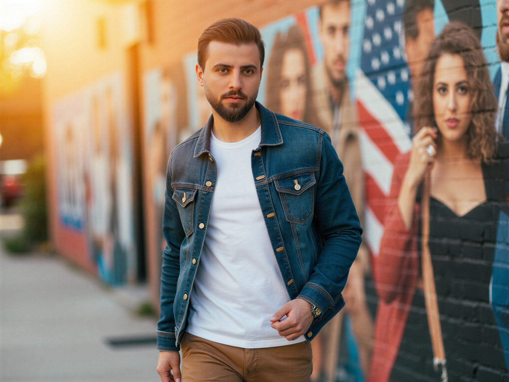 A joyful male figure, OD62S, aged 32, embodying the spirit of Americana. He is captured in an inviting urban setting, wearing a classic denim jacket over a white t-shirt, paired with fitted chinos, and accessorized with stylish sneakers. His wide smile reveals a genuine happiness as he stands in front of a vibrant street mural celebrating American culture. The golden hour sunlight casts a warm glow, enhancing the mood of camaraderie and celebration. The composition balances the subject with the colorful background, evoking a sense of freedom and joy, perfectly encapsulating the essence of a cheerful day in the USA.