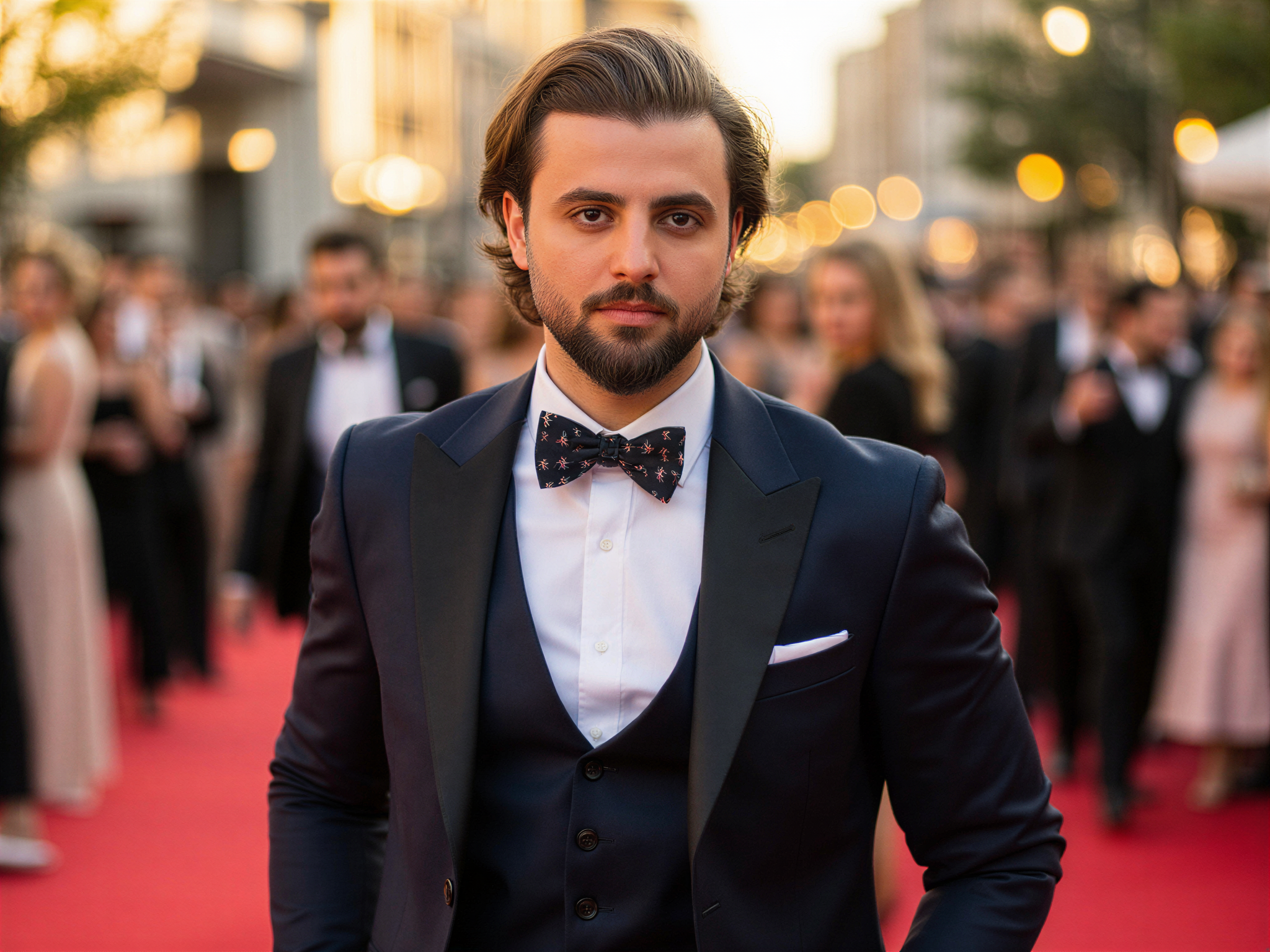 A 32-year-old male, OD62S, exuding Hollywood charm, captured in a vibrant, sunlit outdoor setting reminiscent of a glamorous film premiere. He wears a tailored navy tuxedo with a subtle sheen, perfectly fitted, complemented by a crisp white shirt and a patterned silk bow tie. His hair is styled in soft waves, framing a charismatic smile that exudes warmth and confidence. The background features a red carpet, lively atmosphere filled with blurred figures in glamorous attire celebrating the event. The image captures the essence of joy and success in Hollywood, showcasing a moment of pure happiness, with the light dancing on his face, creating a dreamy, cinematic quality.