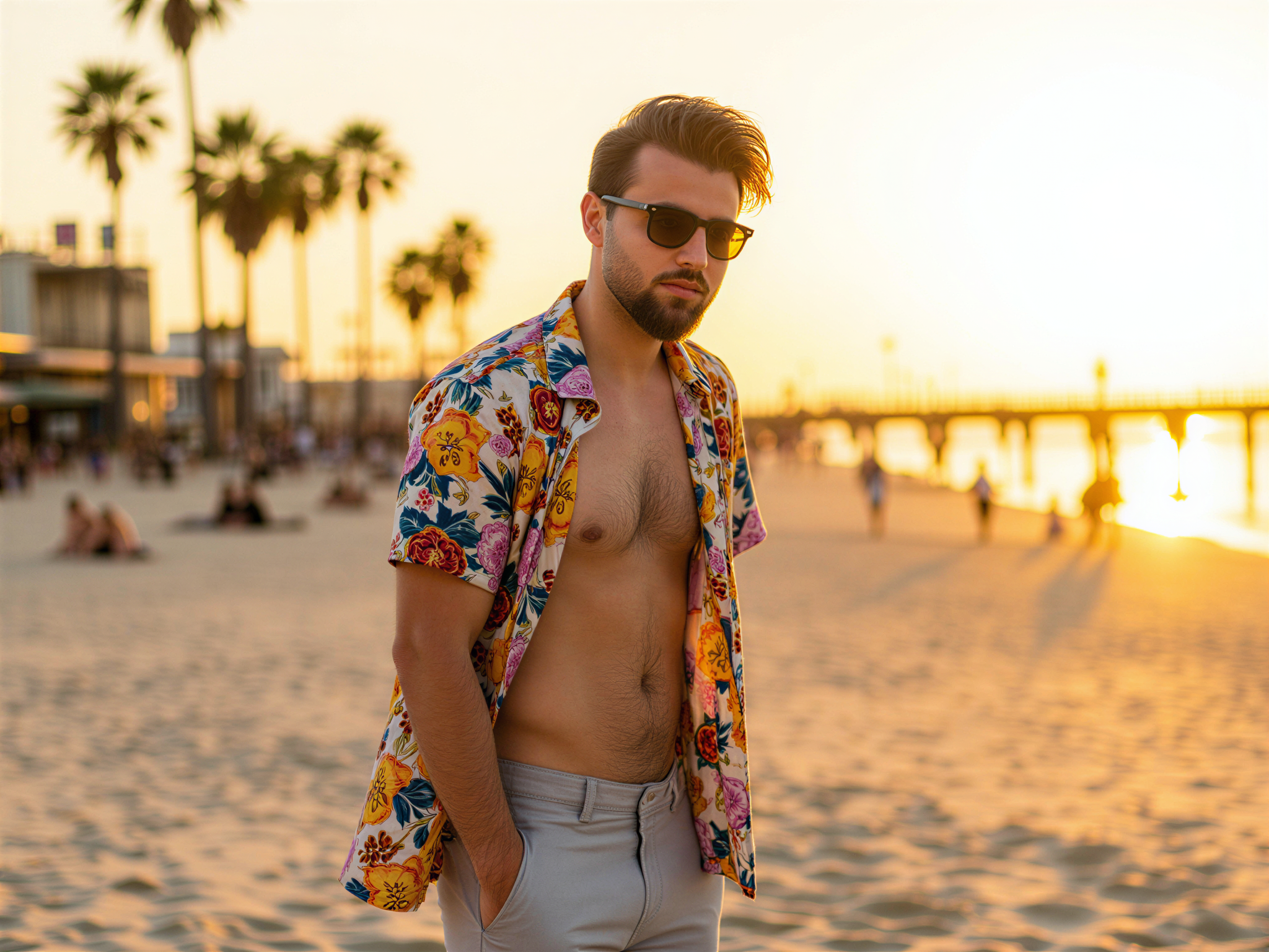 A vibrant portrait capturing a joyful male figure, OD62S, aged 32, embodying the carefree spirit of Venice Beach. He is wearing a colorful, patterned short-sleeved shirt, shorts, and stylish sunglasses, with a radiant smile illuminating his face. Surrounded by the lively beach atmosphere, the background features sun-kissed sand, palm trees swaying in the breeze, and a glimpse of the iconic boardwalk. Soft, golden hour lighting enhances the warmth of his skin tone, creating a relaxed and happy vibe. This imagery reflects the essence of joy and freedom associated with beach life.