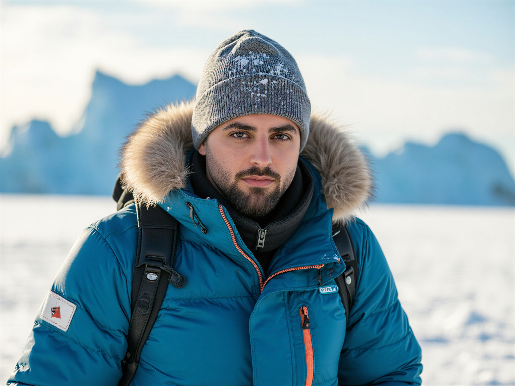A ruggedly handsome male adventurer, OD62S, aged 32, captured in the midst of Arctic exploration, exuding joy and enthusiasm. He wears a high-tech insulated parka in icy blue, accented with faux fur trim. Layered beneath, he has a thermal base layer and sturdy snow pants. His face, slightly flushed from the cold, beams with a smile, and his piercing eyes reflect the stunning, glacial landscape around him. Snowflakes dance in the crisp air, and the distant backdrop features majestic, towering icebergs glinting in the sun. The image combines the thrill of adventure with a sense of exhilaration and optimism, perfect for a feature on modern exploration in extreme climates.