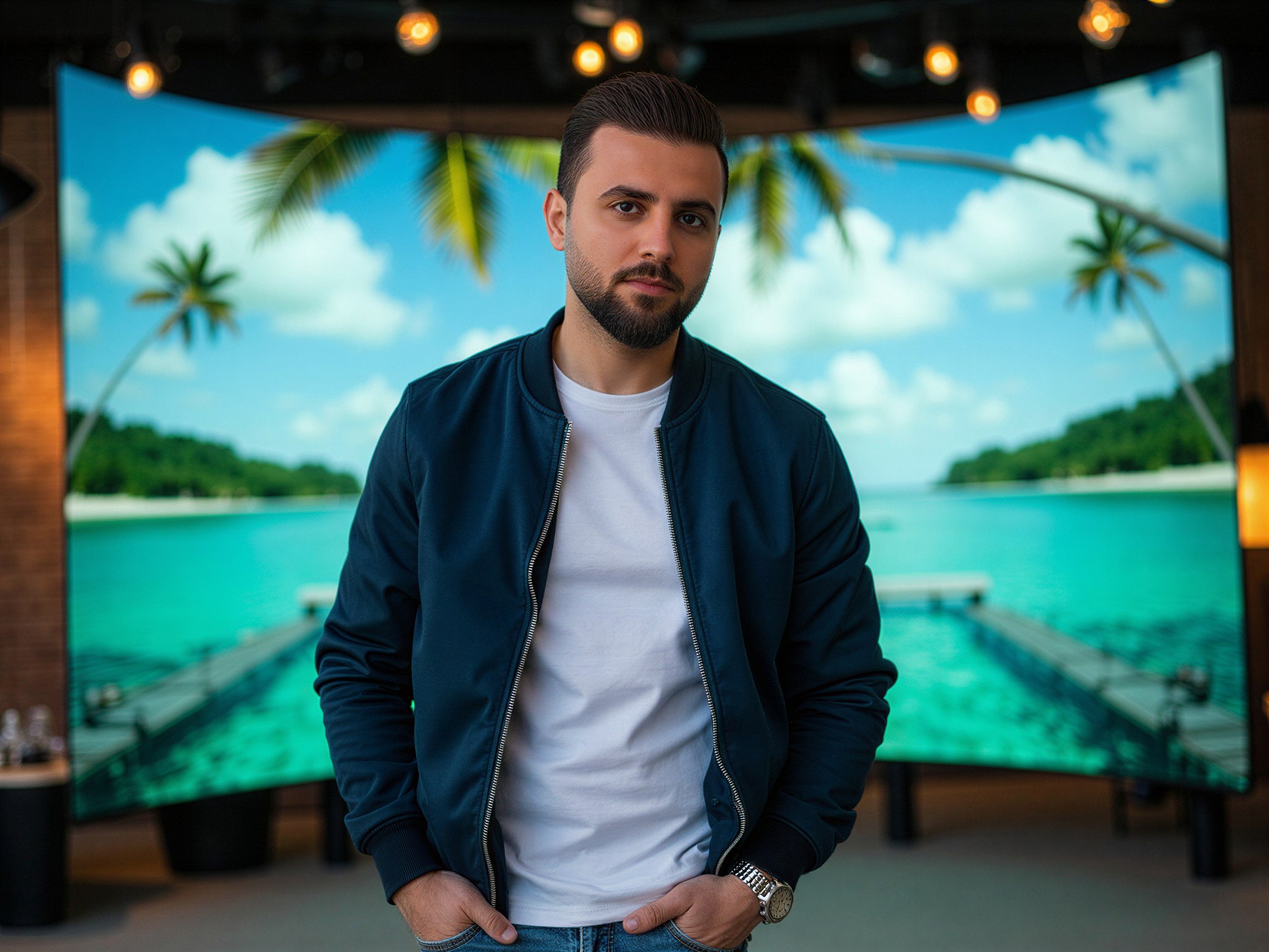 A joyful male traveler, OD62S, aged 32, immersed in a virtual travel experience. He wears a lightweight, casual navy bomber jacket over a crisp white tee and denim jeans. His expression radiates happiness as he stands in front of a large, immersive screen displaying a breathtaking tropical landscape, with vivid colors of turquoise waters and lush greenery. The soft, ambient lighting highlights his features, and the room around him is designed with modern, tech-inspired decor. This scene captures the essence of adventure and wonder, portraying a sense of excitement and discovery in the digital age.