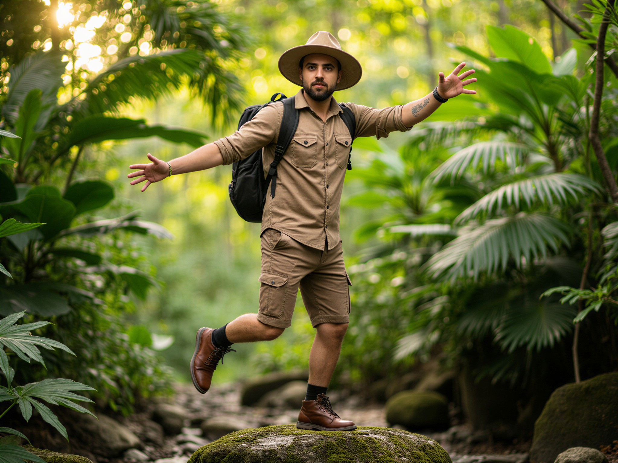 A vibrant and adventurous male explorer, OD62S, aged 32, captured in an exuberant moment amidst a lush jungle setting. He wears a breathable, earth-toned safari shirt with rolled-up sleeves and rugged cargo shorts, accessorized with a wide-brimmed hat and a sturdy backpack. The foliage around him is rich and vibrant, with dappled sunlight filtering through the leaves, creating dynamic shadows. His joyful expression and relaxed pose radiate happiness as he stands confidently on a moss-covered rock, one arm outstretched as if embracing the surroundings. The image captures the essence of adventure and the thrill of exploration in a lively, photorealistic style.