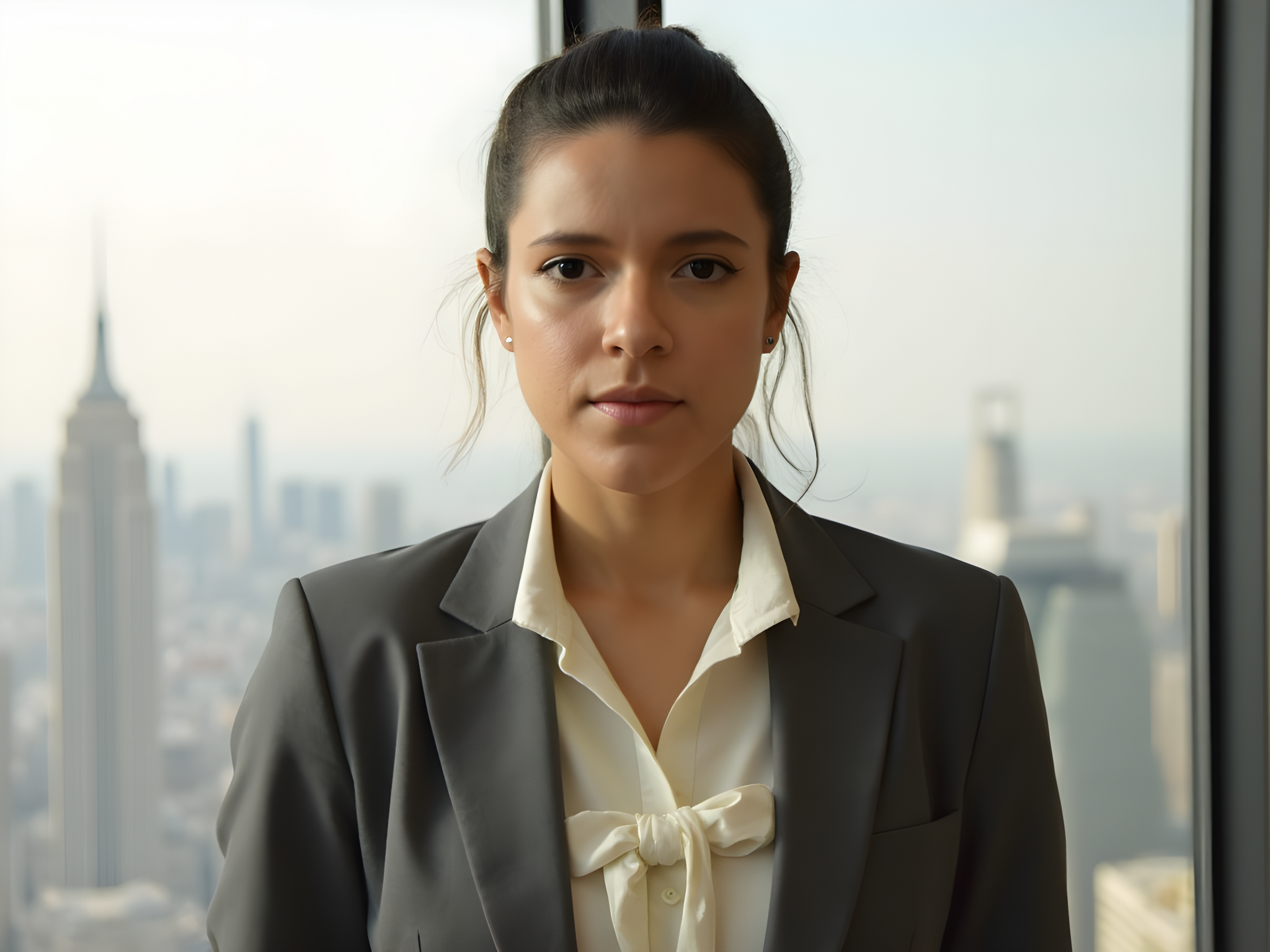 A poised female executive, aged 25, commanding the boardroom with palpable confidence. She is clad in a tailored charcoal grey blazer with structured shoulders, layered over a silk ivory blouse featuring a delicate bow detail at the neck. The pencil skirt hugs her form, emphasizing both professionalism and femininity. Her hair is sleek and pulled back into a low bun, accentuating her striking features. The setting—a modern glass-walled office with a city skyline in the background—enhances the image's sophistication. Soft, natural light filters through, casting a warm glow that highlights her strong posture and deliberate gaze, symbolizing the ambition and tenacity of the millennial woman in the corporate landscape.
