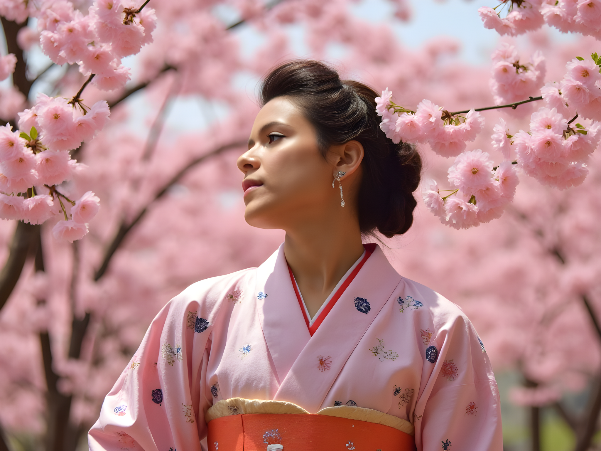 A 25-year-old female figure embodies the essence of modern Japan, standing poised against a backdrop of vibrant cherry blossoms in full bloom. She wears an intricately designed kimono, crafted from luxurious silk with delicate sakura patterns in soft blush and deep indigo. The kimono features a corseted bodice and a flowing, floor-length skirt with hand-embroidered details. Her hair is styled in an elegant updo, adorned with traditional kanzashi hairpins, creating a picturesque contrast to the soft hues of the fabric.

With a serene expression, her gaze is directed slightly upward, suggesting a spirit of contemplative strength. Dramatic natural light filters through the blossoms, casting enchanting shadows and highlighting the rich textures of her attire. The composition uses the rule of thirds, placing her centrally framed amidst the ephemeral beauty of the blossoms, evoking a sense of cultural reverence and contemporary fashion artistry. This portrait encapsulates a harmonious blend of tradition and modernity, inviting the viewer into a picturesque moment of Japanese elegance.