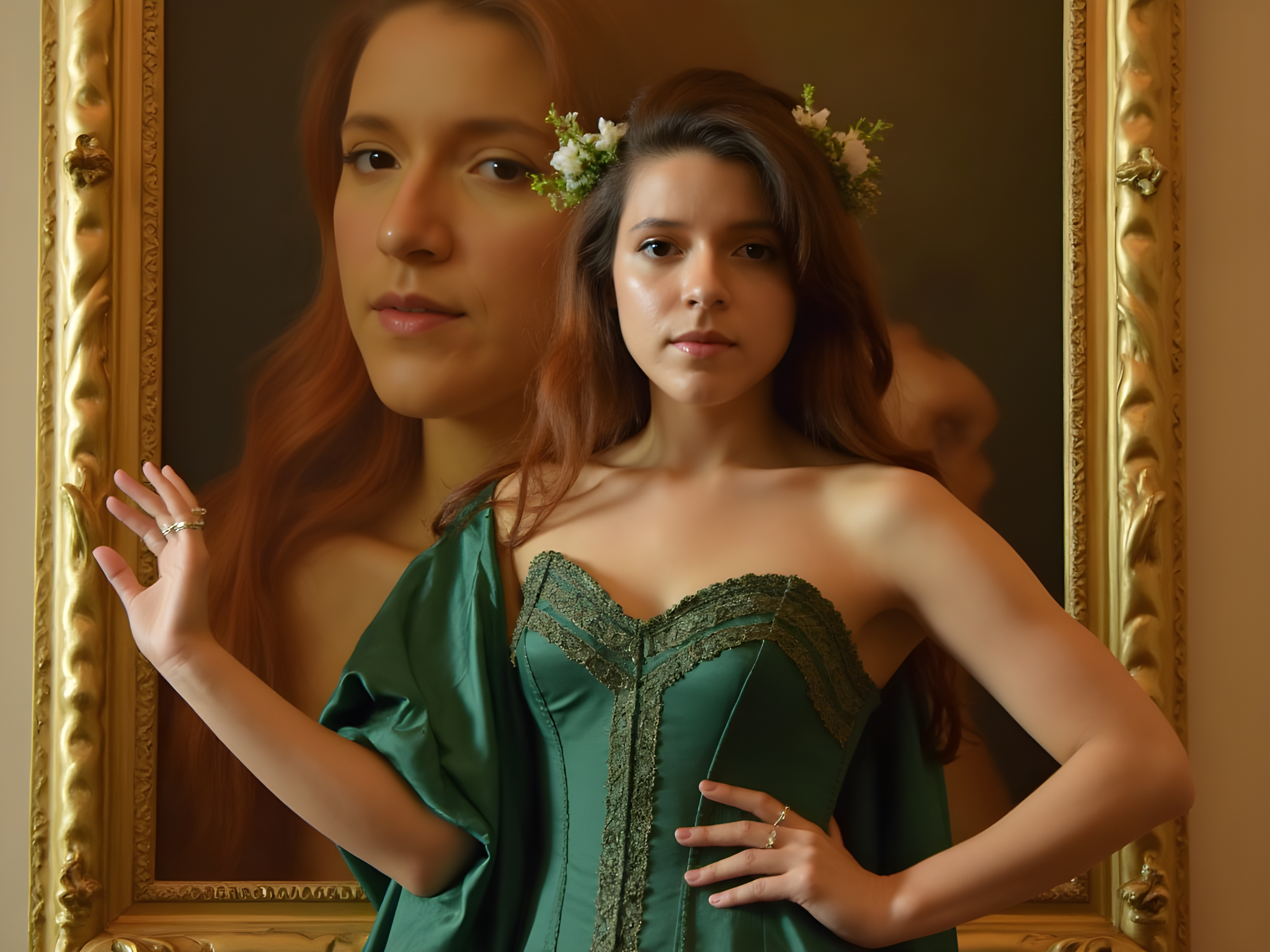A 25-year-old woman embodies the essence of classic Renaissance art, inspired by the masterpieces housed in the Prado Museum. She stands in a grand, softly lit gallery, draped in a flowing, hand-embroidered gown of deep emerald silk, reminiscent of the opulence seen in Velázquez's royal portraits. The gown features intricate gold thread details, creating a sense of luxury, with a corseted bodice that accentuates her silhouette. Her auburn hair is styled in soft waves, crowned with a delicate garland of wildflowers, echoing the natural beauty celebrated in the works of Spanish painters.

The pose is regal yet approachable, with one hand gently resting on her hip while the other lightly touches the edge of a gilded frame, as if contemplating the artwork. The background subtly features a blurred glimpse of a famous painting, further immersing her in the narrative of art and history. The lighting is warm and inviting, with soft shadows highlighting her features, creating an emotional depth that resonates with viewers, encapsulating the mystique and charm of the golden age of Spanish Renaissance.