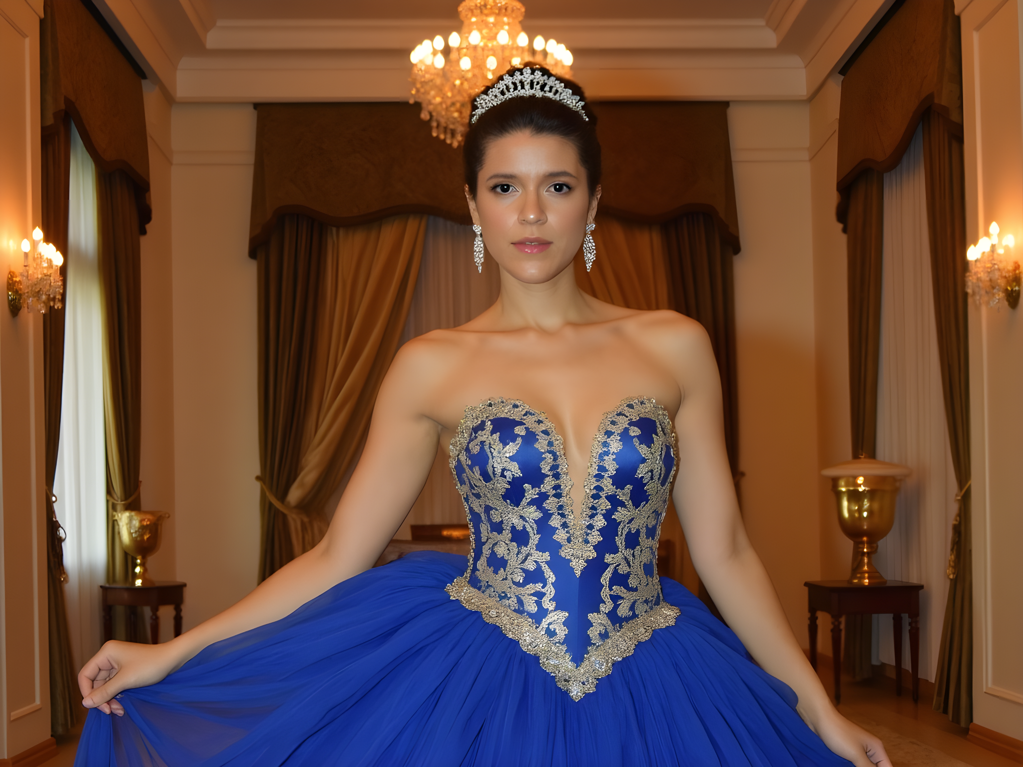A 25-year-old woman embodies royal elegance within the opulent interiors of a grand palace. Draped in a flowing, layered gown of deep royal blue silk chiffon, the dress features hand-embroidered gold filigree along the hems and a flattering corseted bodice that accentuates her silhouette. Her hair is styled in an intricate updo adorned with delicate crystal tiaras that shimmer in the soft, ambient light filtering through the ornate chandeliers. The setting—a lavish ballroom with gilded arches and velvet drapery—serves as a stunning backdrop. The model's pose is poised and graceful, one hand lightly raised as if to receive an offering, exuding the regal charm of a contemporary princess. The lighting enhances the rich textures and vibrant colors, creating a dreamlike atmosphere that invites a sense of wonder and grandeur.