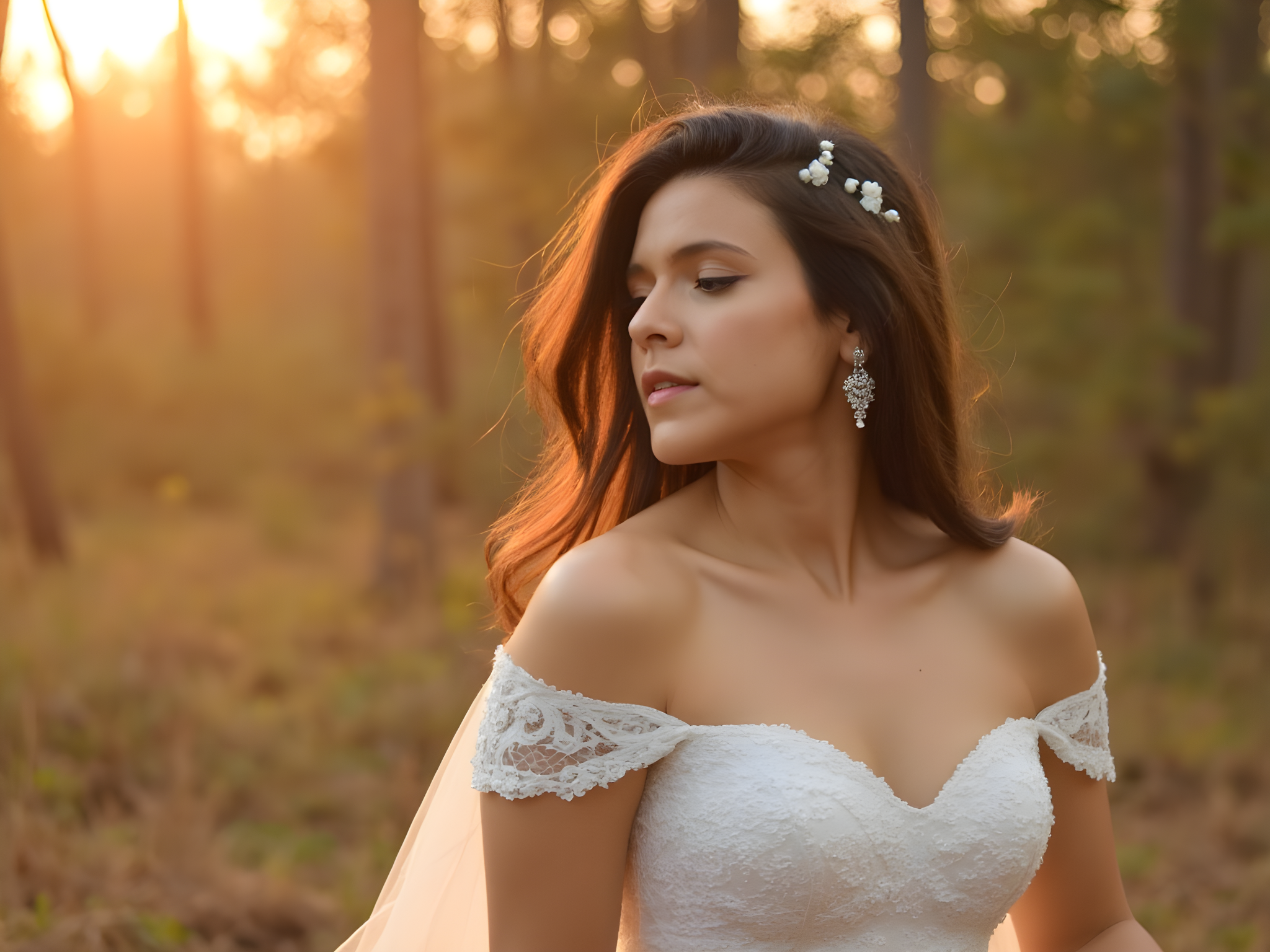 A captivating portrait of a 25-year-old bride, embodying ethereal beauty in a dreamy, enchanted woodland setting bathed in soft golden hour light. She is adorned in a stunning, off-the-shoulder gown crafted from delicate lace and silk chiffon, the bodice featuring intricate floral embroidery that mimics the organic shapes of the surrounding nature. The flowing train cascades behind her like a gentle waterfall, whispering elegance with every movement. Her hair is styled in loose, romantic waves, embellished with tiny white flowers that echo the delicate details of her gown. The bride's expression is serene yet radiant, capturing the essence of love and joy, as she gazes softly into the distance. Soft backlighting enhances her silhouette, creating a halo effect and emphasizing the dreamy atmosphere. This editorial piece captures a moment of pure bliss, blending high fashion with the enchanting allure of a fairy tale wedding.