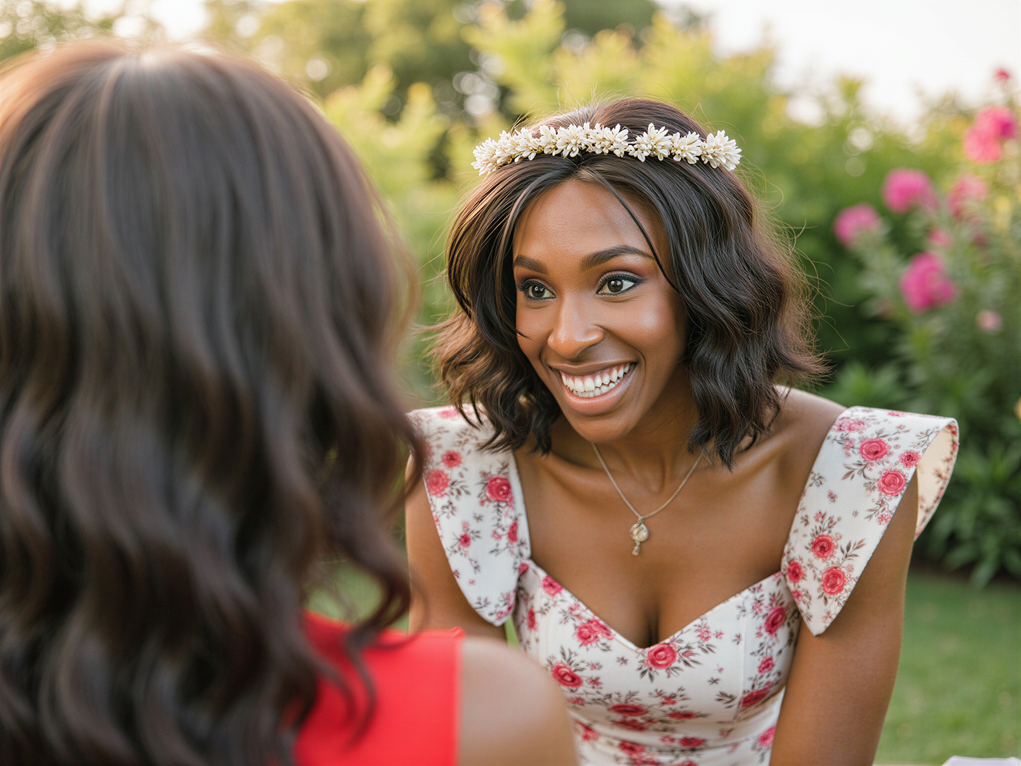 A vibrant and joyful female figure, OD62S, aged 28, captured in a candid moment during a charming outdoor date. She wears a playful floral midi dress with flutter sleeves, the fabric catching the golden light of a late afternoon sun. Her hair is styled in loose, carefree waves, adorned with a delicate flower crown. With a radiant smile, she leans slightly forward, engaging effortlessly with her partner. The background features a lush garden filled with blooming flowers and softly dappled sunlight, evoking a feeling of happiness and romantic bliss. This scene encapsulates the essence of a joyful and memorable dating experience, making it perfect for an editorial spread.