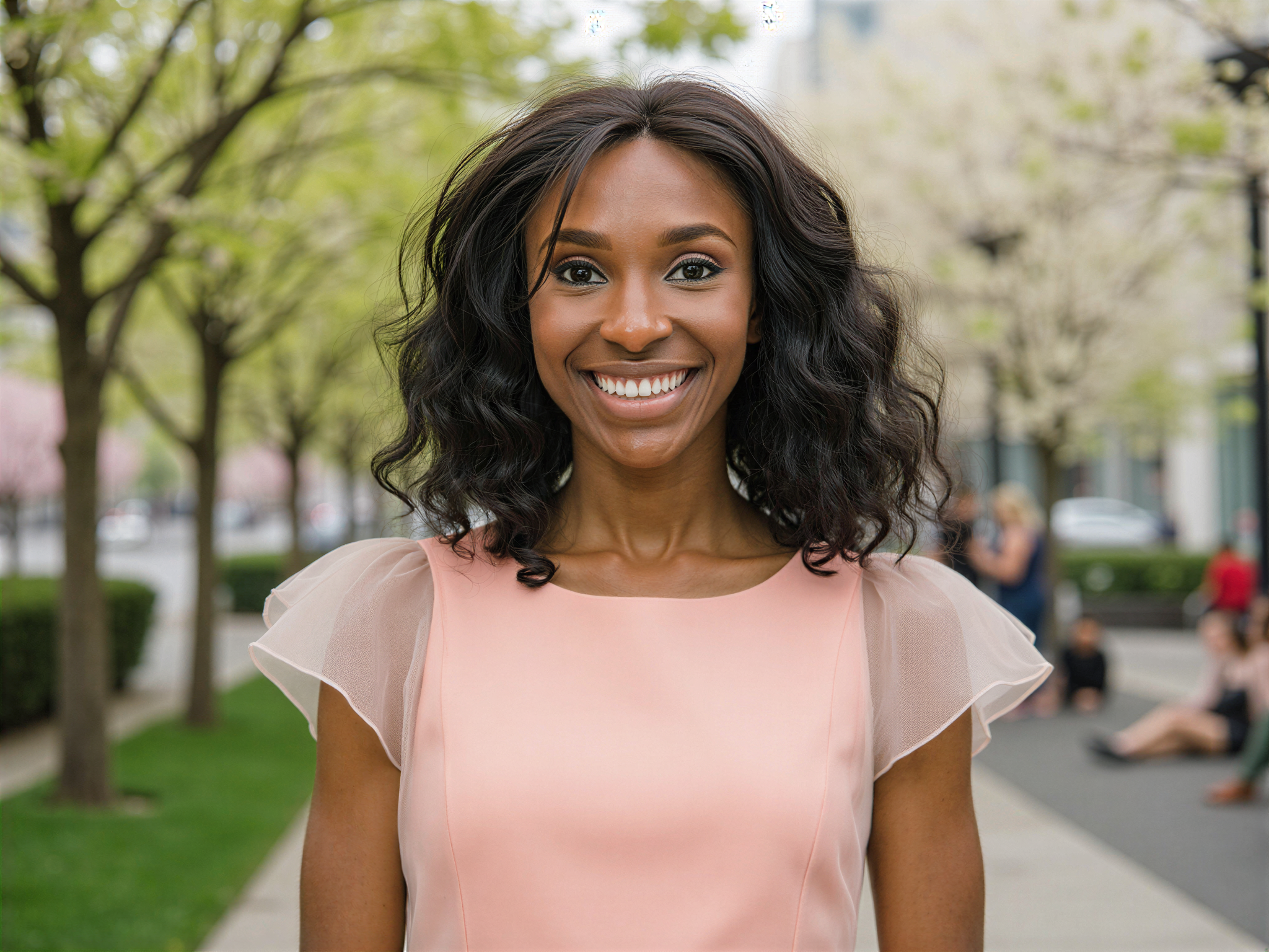 A joyful 28-year-old woman, OD62S, embodies the essence of modern dating through her vibrant OkCupid-inspired look. She wears a stylish, playful pastel-colored dress with flutter sleeves, created from lightweight chiffon that dances around her as she spins. Her hair is styled in soft, bouncy curls, adorned with delicate flowers that echo the springtime vibe. The background is a whimsical urban park scene, filled with blooming flowers and gentle sunlight filtering through the trees, creating a cheerful atmosphere. She radiates confidence and warmth, her smile infectious and eyes sparkling with excitement, perfectly encapsulating the charm of finding love online. This photograph captures both emotional depth and fashion flair, set in a light-hearted, dreamy composition.