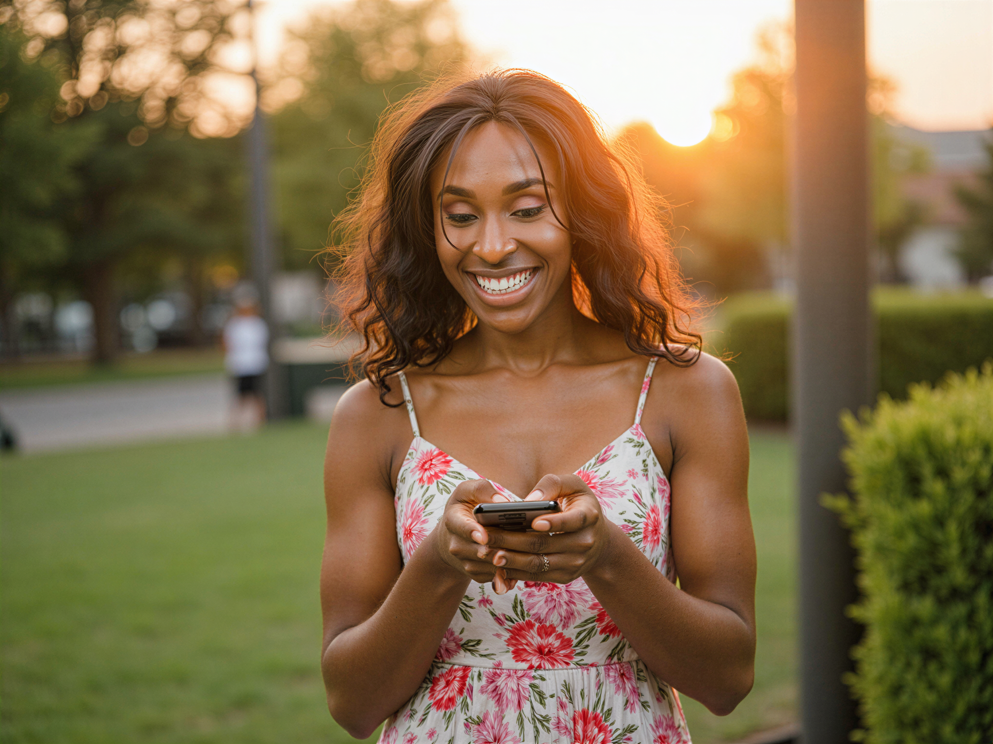 A joyful female figure, OD62S, aged 28, basking in the warm glow of a golden hour sunset, embodying the excitement of a modern romance. She wears a chic, casual outfit—a playful, flowy sundress with vibrant floral prints that dance around her figure. Her hair is effortlessly styled in loose waves, catching the light. She stands in a lively urban park, surrounded by greenery, animatedly looking at her smartphone, her radiant smile reflecting the happiness of connection, as if she just received a delightful message on Tinder. The scene captures a moment of carefree joy, enhanced by soft, diffused lighting that infuses the atmosphere with a playful warmth.