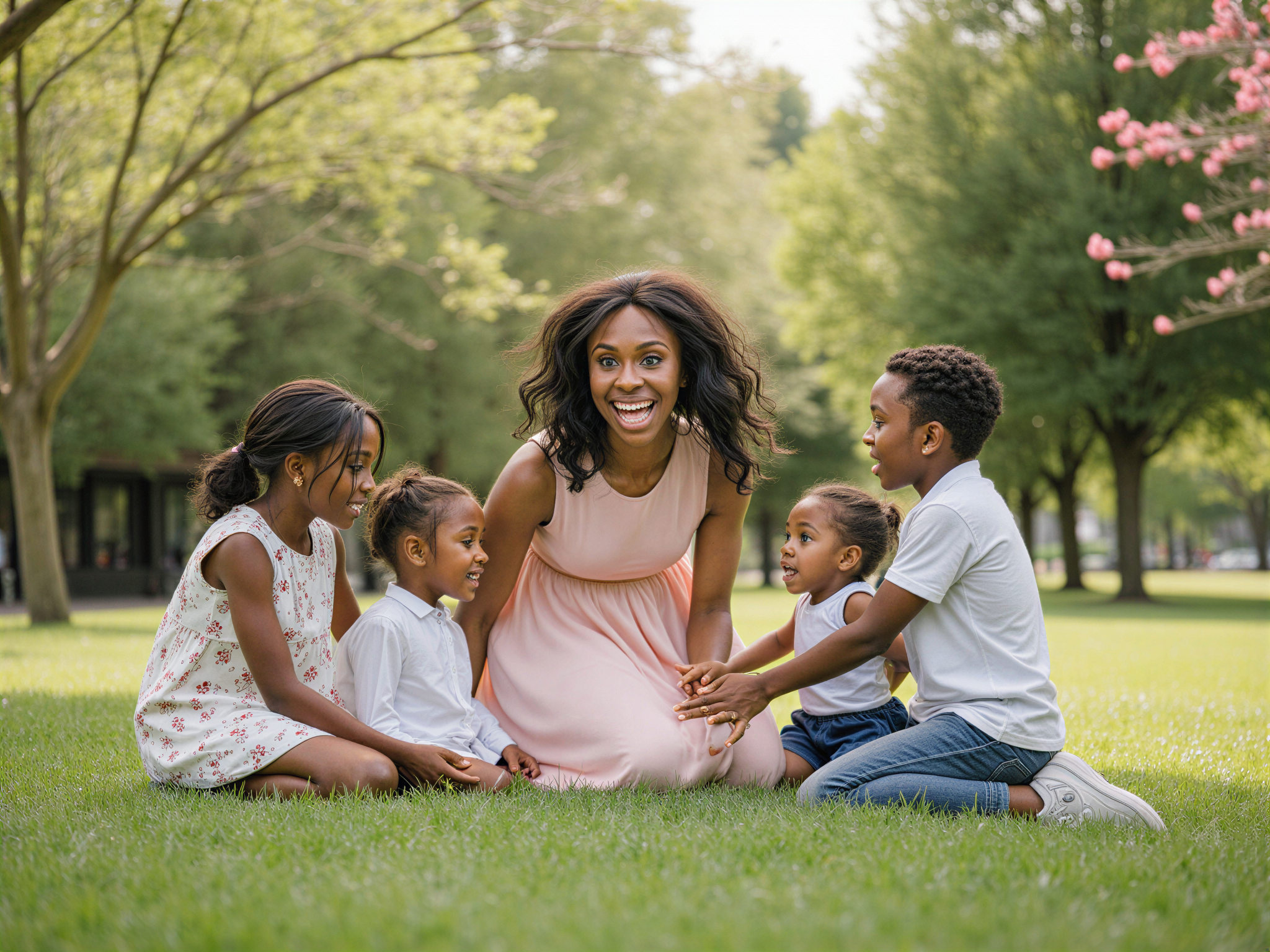A heartwarming moment featuring a joyful family scene with a female individual, OD62S, aged 28, highlighted as the centerpiece of the image. She is surrounded by her loved ones in a sunlit park, dressed in a flowing pastel dress that sways gently in the breeze. Her radiant smile embodies the essence of happiness as she kneels, playfully engaging with children. The backdrop features blooming flowers and soft, dappled sunlight filtering through lush greenery, creating a vibrant setting. The mood is cheerful and celebratory, showcasing the bonds of family love and joy in a candid, photorealistic style.