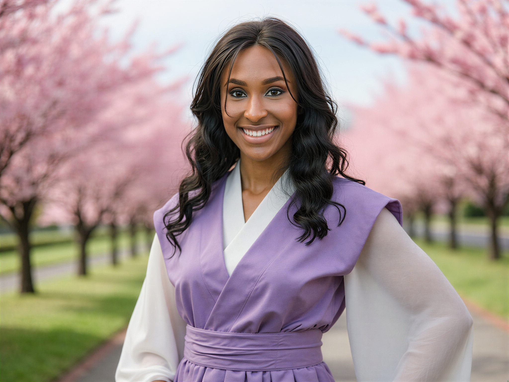 A 28-year-old female resembling Hinata Hyuga, role-playing as the beloved character from Naruto. She is depicted in a realistic setting, wearing a lavender and white traditional shinobi outfit, the fabric flowing gracefully around her. Her dark hair is styled beautifully, framing her gentle face, and she holds a soft smile that radiates happiness, capturing the essence of her warm and compassionate personality. The background features a serene landscape with blooming cherry blossom trees, symbolizing peace and joy, rendered in vibrant colors to enhance the overall cheerful mood of the scene. The lighting is bright and uplifting, evoking a sense of happiness and tranquility, making this image a perfect homage to the character. ROLE-PLAYING HYPER-REALISTIC.