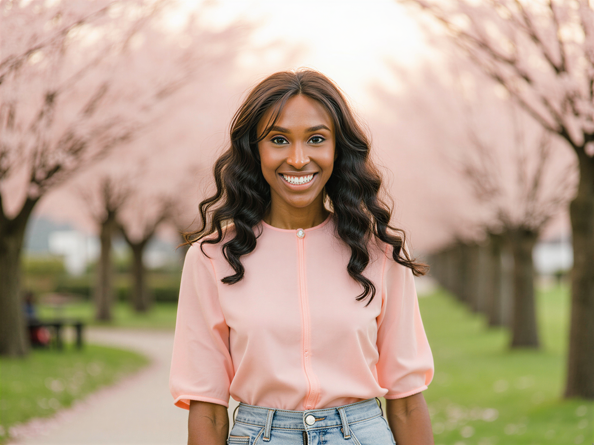 A bright and cheerful portrait of a female character, OD62S, embodying Mai Sakurajima from the anime, dressed in a stylish combination of a pastel pink blouse and a light denim skirt, capturing her playful and youthful essence. She stands in a vibrant park filled with blooming cherry blossoms, illuminated by soft, golden hour light, her hair flowing elegantly, and a radiant smile that reflects her happy mood. The background features delicate petals drifting in the breeze, enhancing the joyful atmosphere, creating a dreamlike quality ideal for a contemporary fashion editorial while conveying warmth and charm.