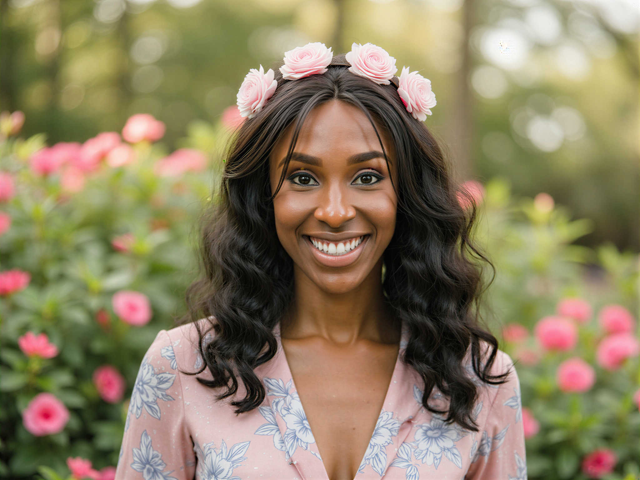 A vibrant and joyful female character, OD62S, aged 28, embodying the essence of Mary Saotome with an infectious smile. She is styled in a contemporary and colorful outfit that captures youthful exuberance, featuring a playful mix of pastel hues and chic patterns. Her hair is styled in loose waves, cascading around her shoulders, adorned with a floral headband that enhances her cheerful appearance. The background is a sunny outdoor setting filled with blooming flowers and soft natural lighting that accentuates her happiness. The composition is lively, radiating a sense of warmth and positivity, ideal for a fashion magazine spread that celebrates joy and self-expression.