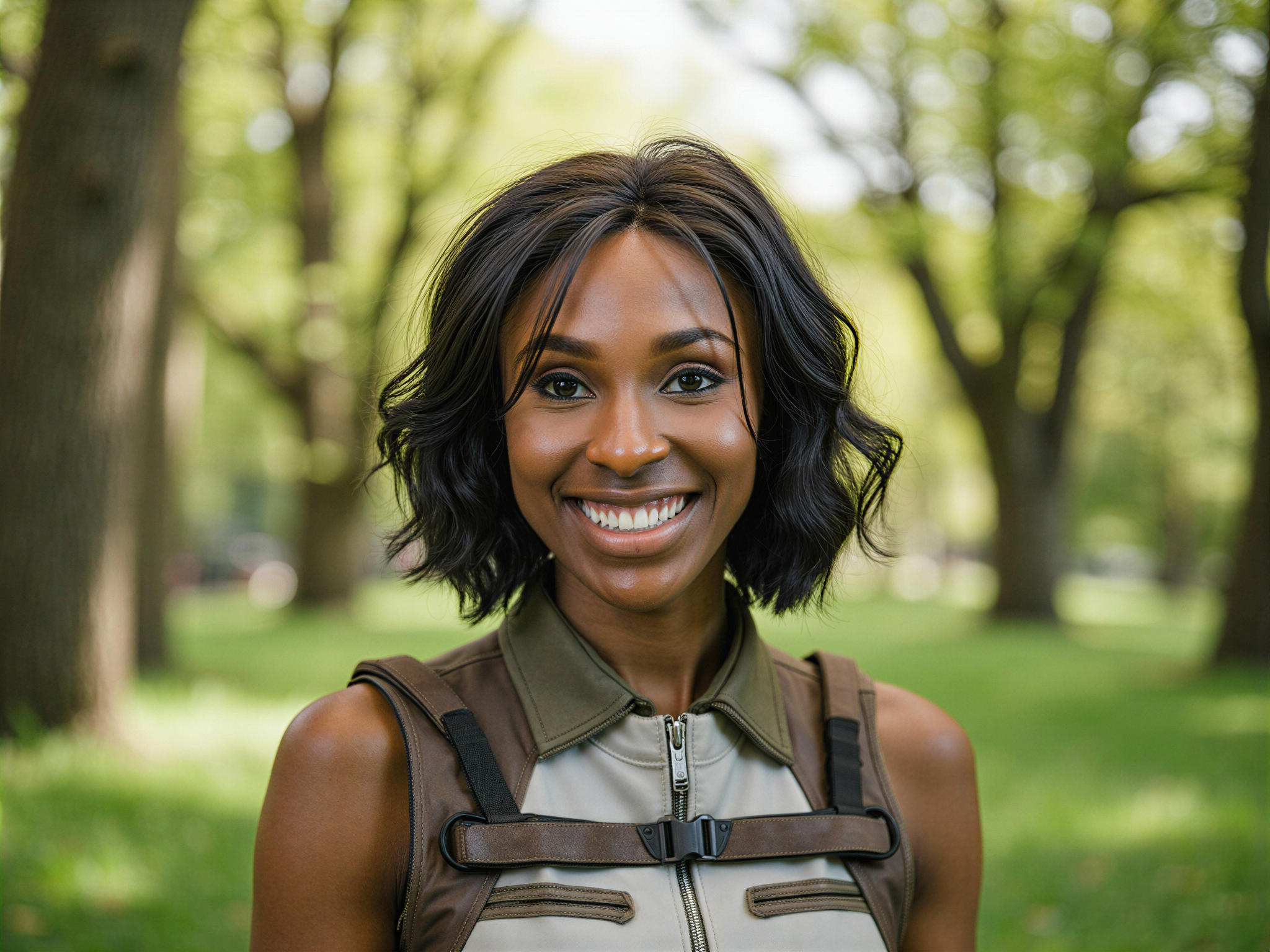 A 28-year-old female figure, OD62S, embodying the character of Mikasa Ackerman from Attack on Titan in a hyper-realistic style. She is depicted in a lively, joyful pose, set in a lush green landscape that emphasizes a sense of freedom and happiness. Her hair is styled in Mikasa's iconic bob, with a playful twist of strands framing her face. She wears a meticulously detailed, tailored version of the Survey Corps uniform, with accents of deep navy and olive tones, complete with the signature maneuver gear. Her bright expression beams with happiness, showcasing an adventurous spirit and warmth. The sunlight filters through the trees, casting dappled shadows that create a whimsical, light-hearted atmosphere, enhancing the joyful mood of the scene. Emphasis on rich textures and vibrant colors conveys a powerful sense of character and emotion.