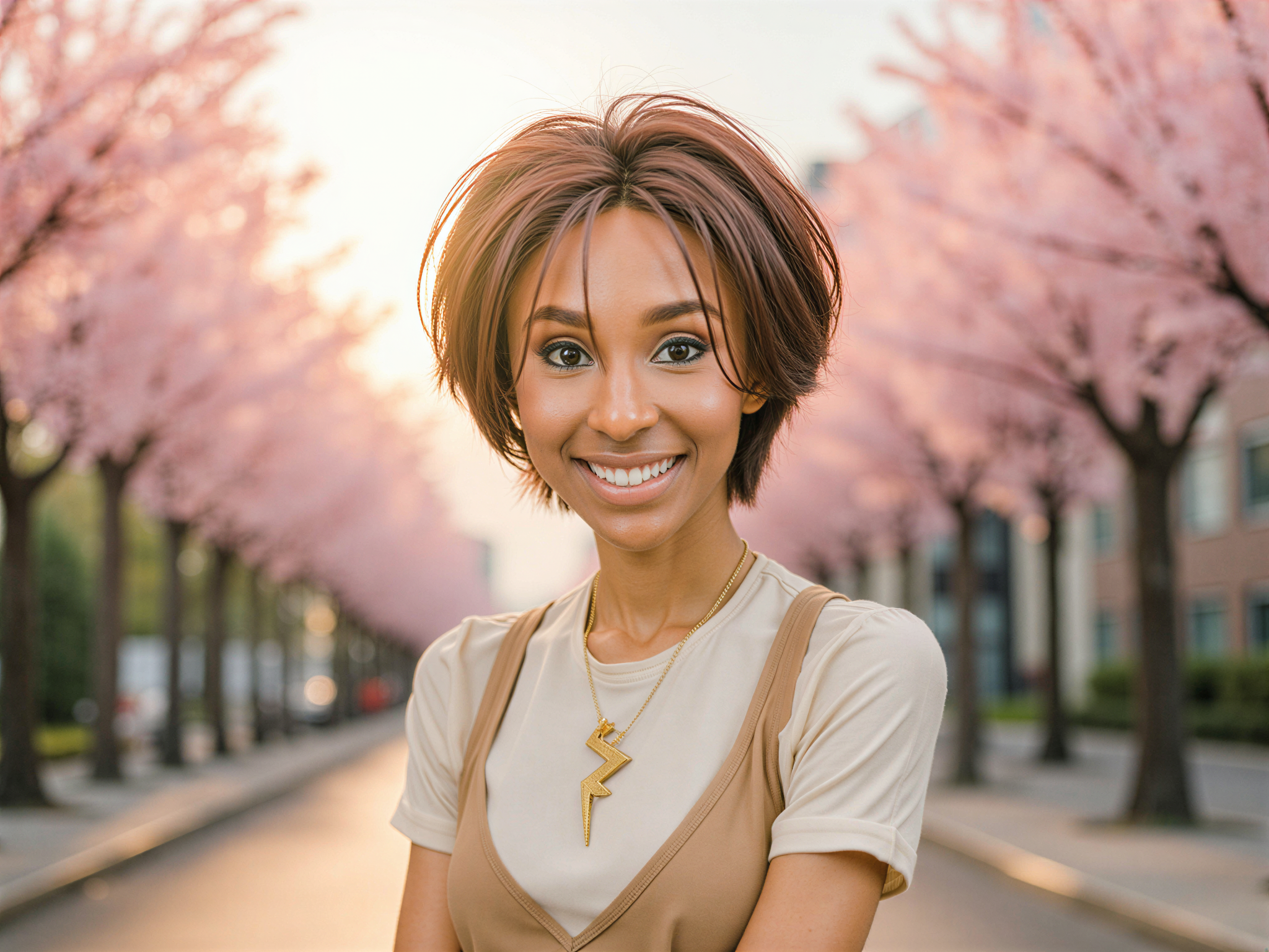 A realistic portrayal of a 28-year-old female, OD62S, embodying Mikoto Misaka from the anime franchise 'A Certain Scientific Railgun.' She features short, tousled brown hair with a bright smile reflecting a happy mood. She wears a stylish, modern outfit inspired by her character—a short-sleeved, white blouse paired with a pastel skirt, accessorized with a lightning bolt pendant. The setting is a sunlit urban backdrop with cherry blossoms in bloom, creating a light and cheerful atmosphere. The composition captures her playful demeanor, inviting viewers into her vibrant world. The lighting is warm and inviting, enhancing the joyful expression on her face.