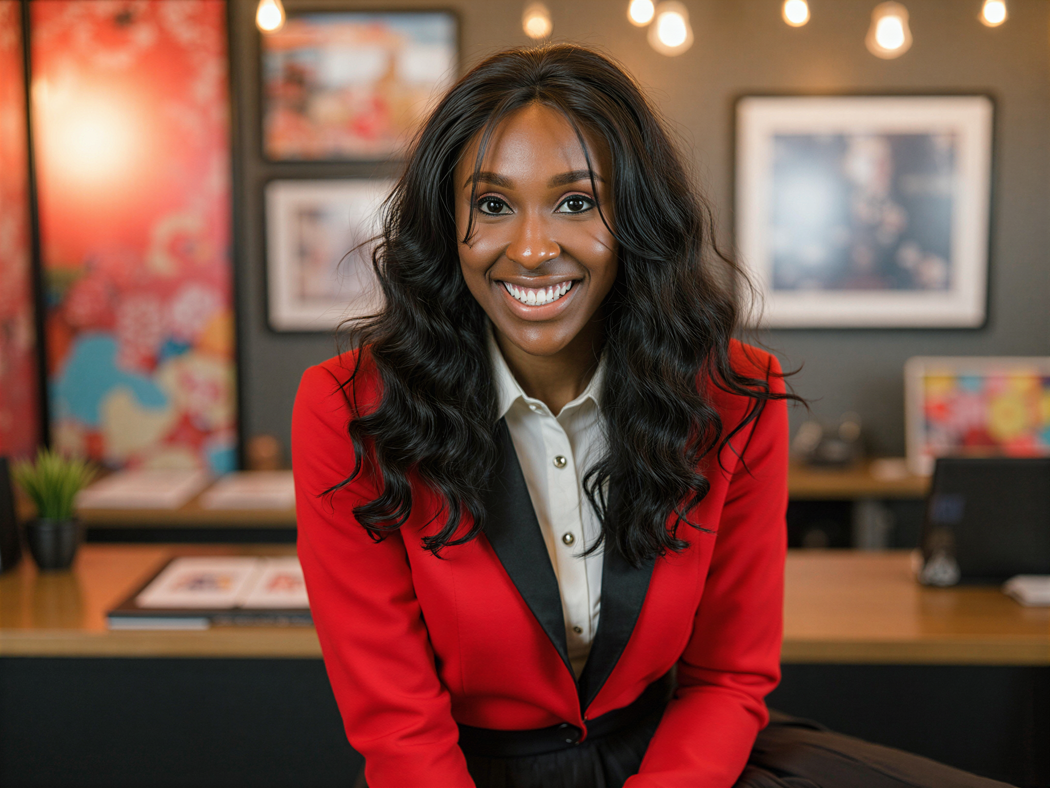 A 28-year-old female model, OD62S, embodying Yumeko Jabami from the anime series Kakegurui, depicted in a hyper-realistic style. She wears a signature red blazer with black lapels and a crisp white shirt beneath, paired with a black pleated skirt that flares playfully around her. Her hair is styled in long, glossy black locks with soft waves, framing her face. With a bright, infectious smile, she exudes an air of mischievous charm and enthusiasm, set against a vibrant backdrop filled with colorful gambling motifs. The lighting captures the joyful mood, emphasizing her expressive eyes and the youthful energy of the character, perfect for a playful editorial shot.