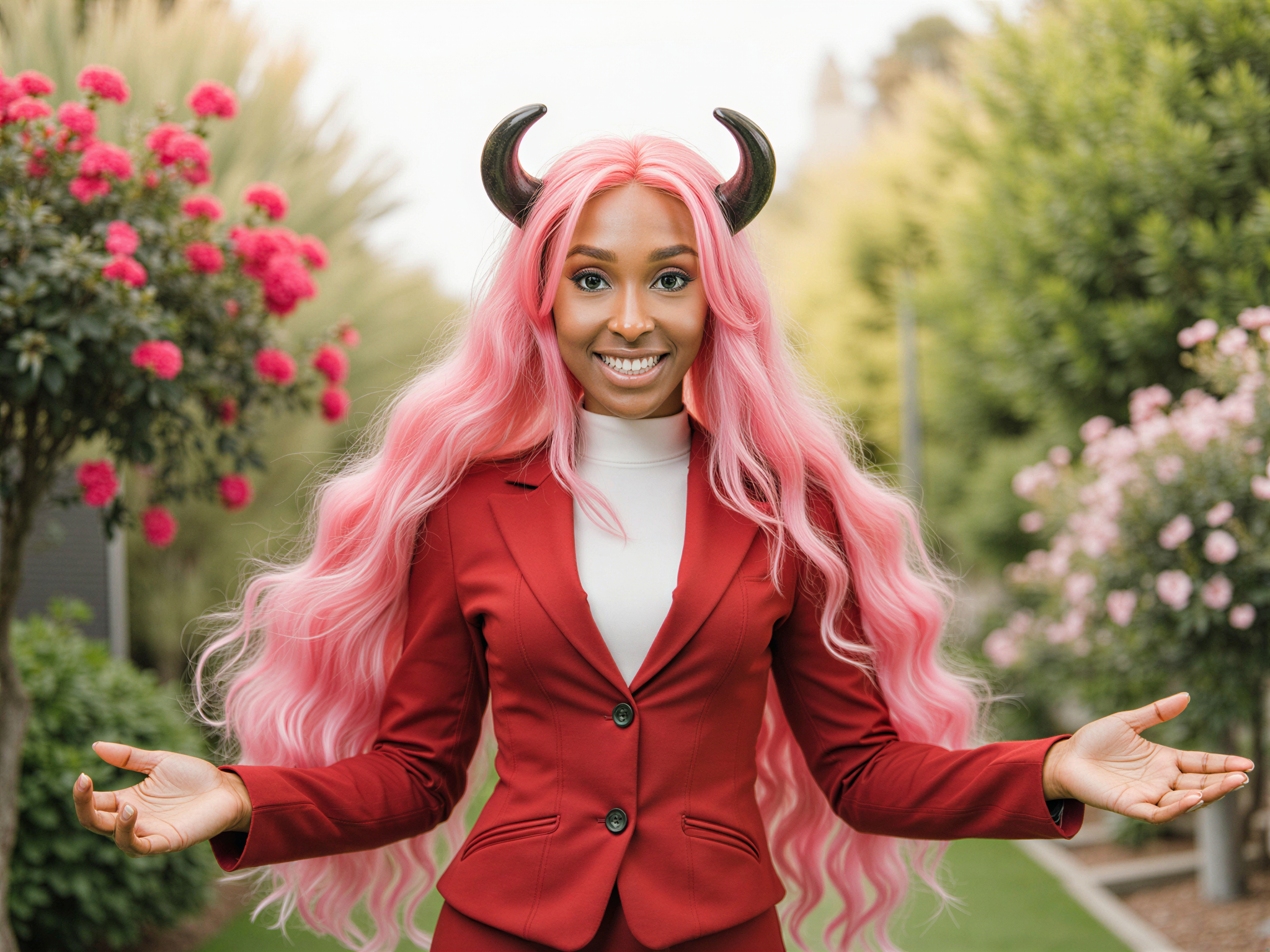 A joyful female figure, OD62S, aged 28, role-playing as Zero Two from the anime Darling in the Franxx. She embodies the character's playful spirit, wearing a tailored, vibrant red jacket adorned with a high collar and a white blouse underneath. Her long, striking pink hair flows elegantly, styled with a pair of distinct horns that curve gracefully upward. The setting is a lush, sunlit garden, bursting with blooming flowers in vivid colors, enhancing the mood of happiness. Her pose is dynamic and inviting, with arms outstretched and a radiant smile. The lighting is soft and warm, casting gentle highlights that bring her features to life in a hyper-realistic style.