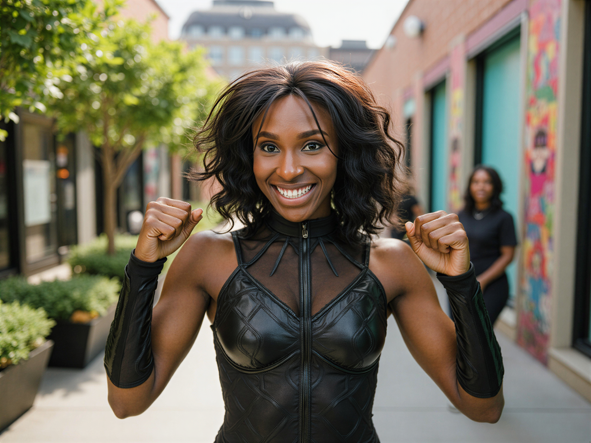 A female individual, OD62S, aged 28, role-playing as a character reminiscent of Black Panther in a vibrant urban setting. She wears a sleek, form-fitting black bodysuit with vibrant tribal patterns that echo the essence of Wakanda. Her smile radiates joy, exuding happiness as she poses confidently, fists clenched, reflecting the strength and pride of the superhero. The background is filled with colorful street art and greenery, creating a lively atmosphere that complements her dynamic pose. The lighting is bright and cheerful, with sunbeams accentuating her features and the rich textures of her outfit, evoking a sense of empowerment and celebration.