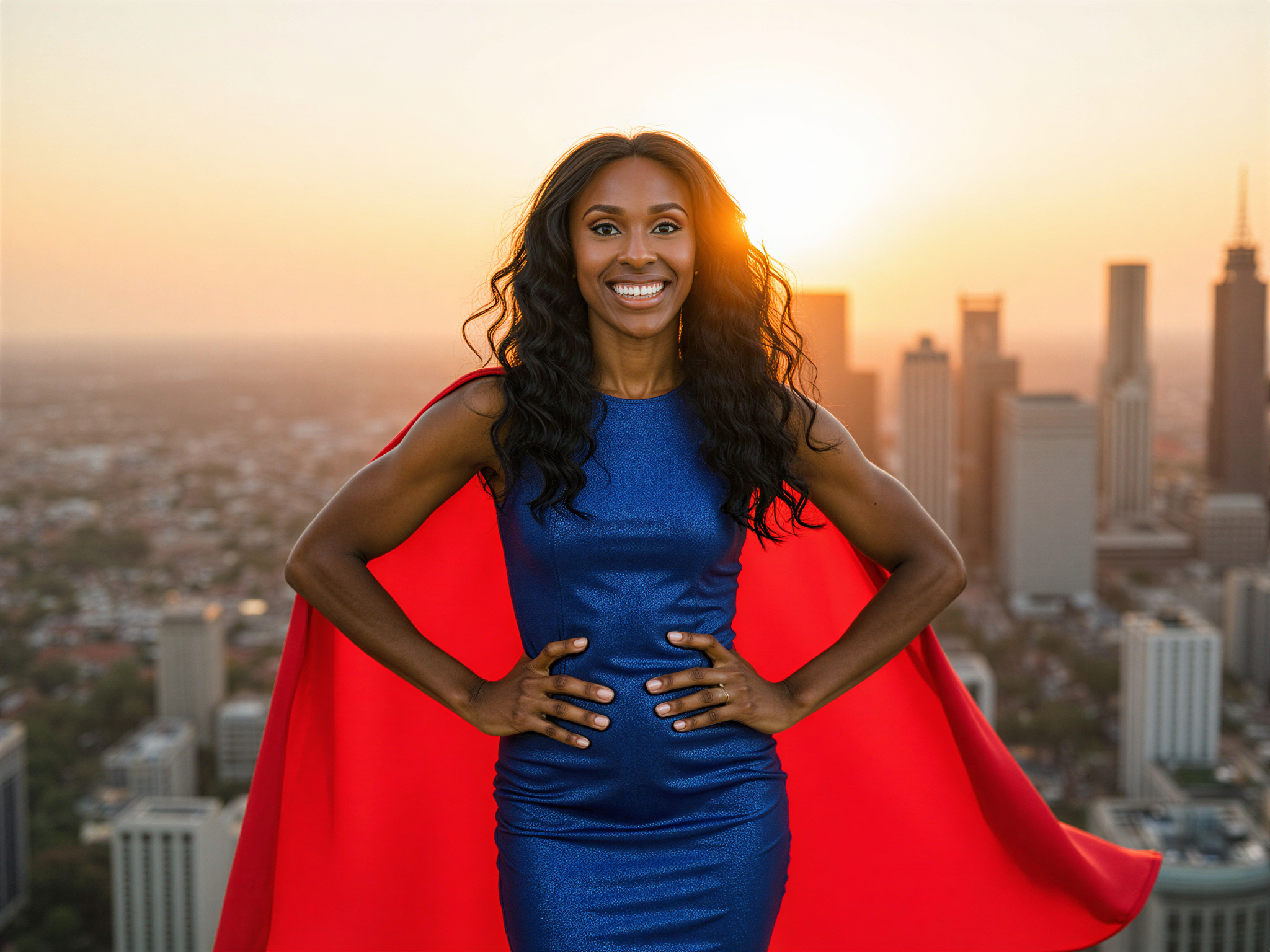 A dynamic portrait of a female superhero, OD62S, aged 28, radiating happiness. She stands atop a city rooftop, her vibrant costume—a shimmering blue bodysuit paired with a flowing red cape that dances in the wind. Her confident pose, hands on hips, exudes empowerment and joy. Her hair cascades down in bold, cascading waves, catching the light, while a bright smile lights up her face. The city skyline serves as a backdrop, bathed in golden sunset hues, evoking a sense of triumph and optimism, encapsulating the essence of a hero ready to save the day. The lighting is bright and cheerful, enhancing the overall mood of happiness in this supercharged moment.
