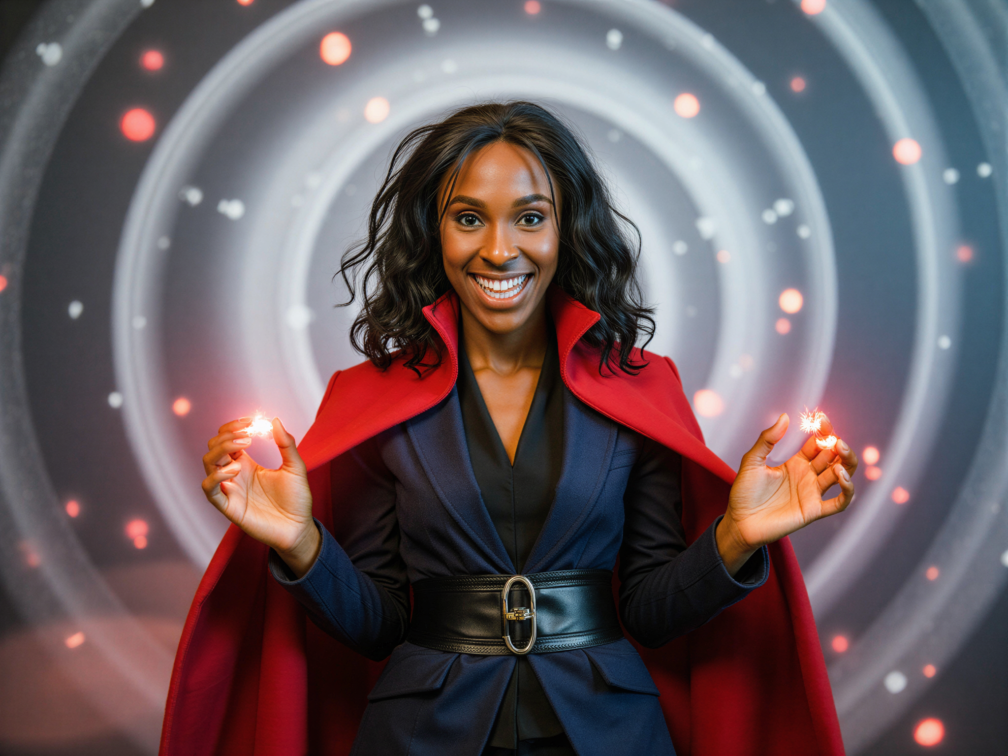 A realistic female model, OD62S, aged 28, role-playing as Doctor Strange, capturing the essence of the character while portraying a cheerful mood. She wears a modern, tailored version of the iconic red and blue cape, layered over a sleek black outfit that reflects the character's mystical roots. Her hands are positioned in a mystic gesture, surrounded by glowing symbols that radiate warmth and happiness. The setting is an ethereal, softly-lit environment filled with swirling colors and magical elements, creating a sense of wonder and joy. The image encapsulates both the strength and charm of Doctor Strange while showcasing the vibrant energy of a character that inspires.