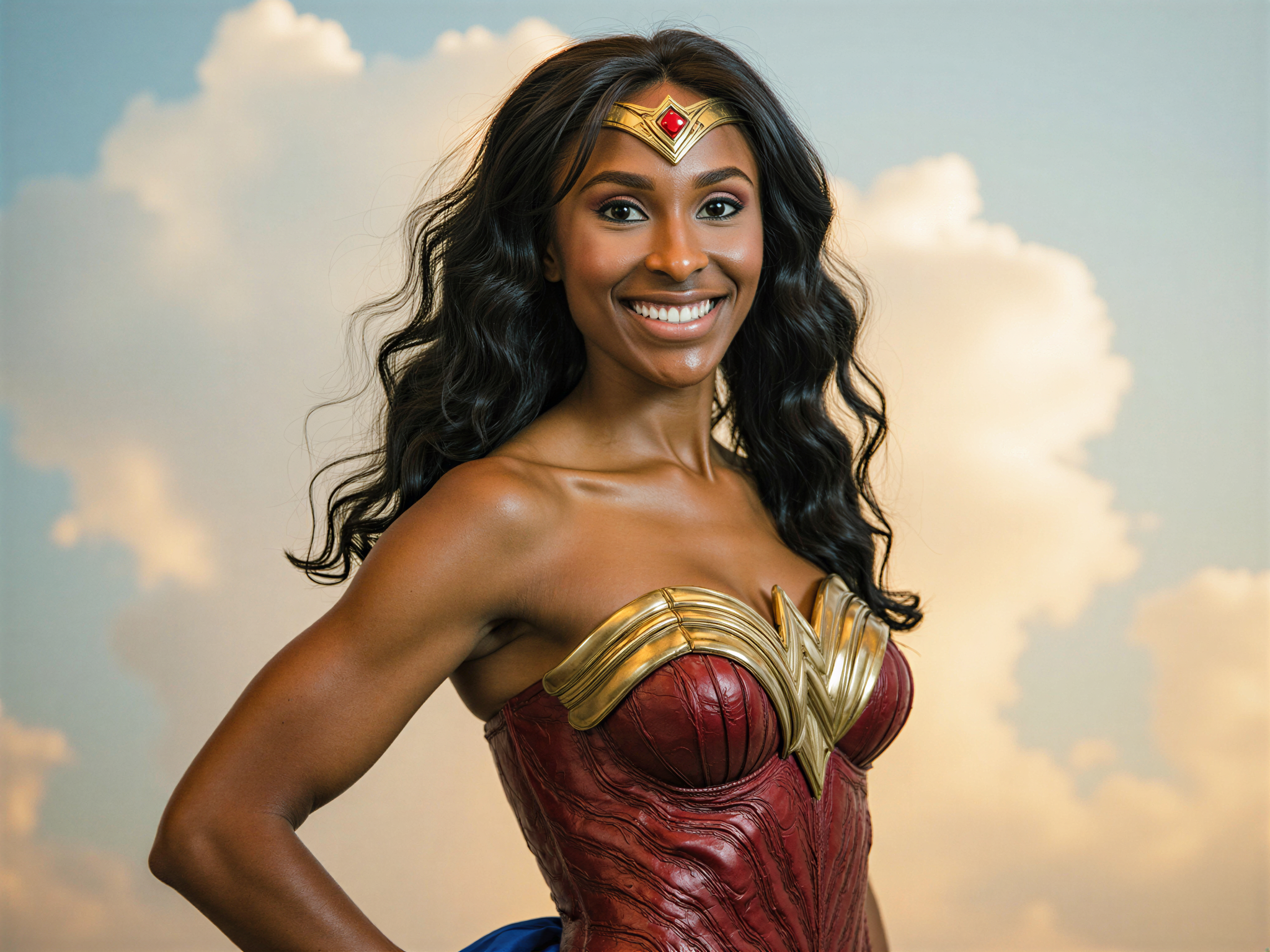 A radiant 28-year-old female, OD62S, embodying the essence of Wonder Woman, smiles confidently while striking a powerful pose. She wears a stunning, intricately detailed golden corset adorned with symbolic motifs, complemented by a flowing blue skirt accented with red and gold elements. Her dark hair cascades in sleek waves, crowned with a metallic tiara that glistens in the light. The background features an ethereal sky filled with soft clouds, casting a dreamy, uplifting atmosphere that enhances her joyful expression. The lighting captures her strength and femininity, creating a warm and inspiring mood that embodies the superhero's spirit. This hyper-realistic portrait aims to evoke feelings of empowerment and happiness, perfectly capturing the iconic character's essence.