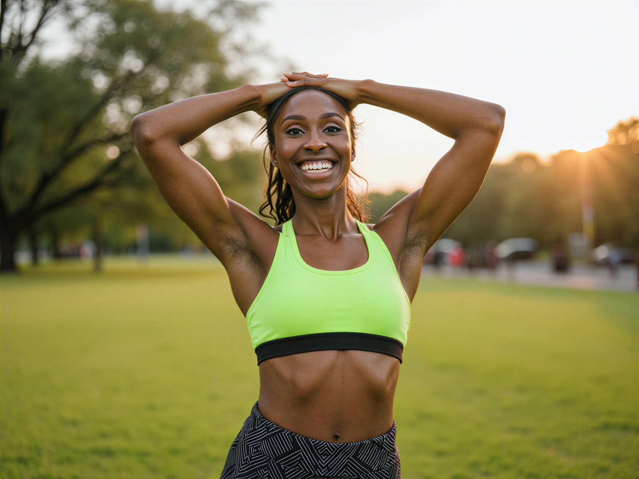 A joyful female fitness enthusiast, OD62S, aged 28, radiating happiness in a vibrant, sunlit park. She wears a chic, form-fitting neon sports bra and high-waisted, patterned leggings that enhance her athletic physique. Her hair is pulled back into a playful ponytail, and she sports a bright smile as she stretches her arms towards the sky. Soft, golden hour light filters through the trees, casting a warm glow on her skin, accentuating the energy of her pose. The background features lush greenery and a clear blue sky, creating an uplifting and motivating atmosphere, perfectly capturing the essence of a fitness lifestyle in a photorealistic style.