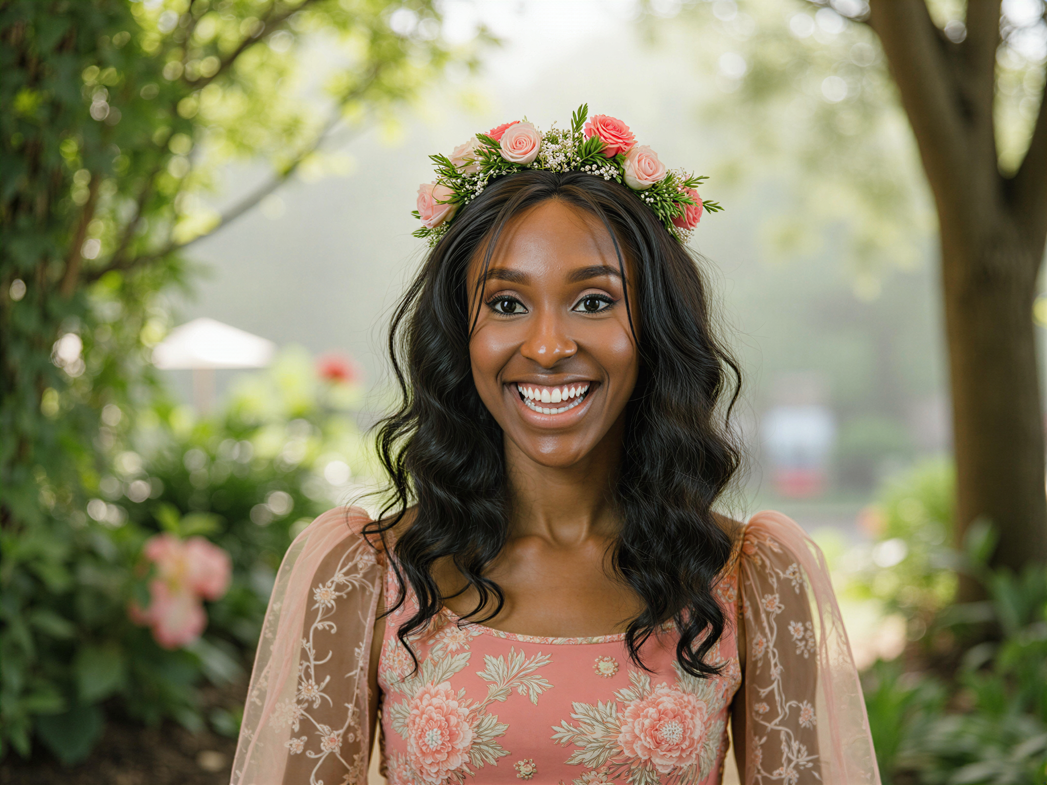 A vibrant scene depicting a female individual, OD62S, aged 28, role-playing in a Ghibli-inspired setting. She wears a flowing, floral dress adorned with colorful patterns reminiscent of Studio Ghibli films, with a whimsical floral crown resting playfully on her head. Surrounded by lush greenery and mystical creatures, her expression radiates happiness, capturing the joyful essence of Ghibli's enchanting worlds. The scene is bathed in soft, ethereal light that dances through the leaves, evoking a sense of magic and nostalgia. This artwork showcases a hyper-realistic portrayal of a character celebrating the beauty of nature, complete with dreamy pastel colors and intricate details in her attire and environment.
